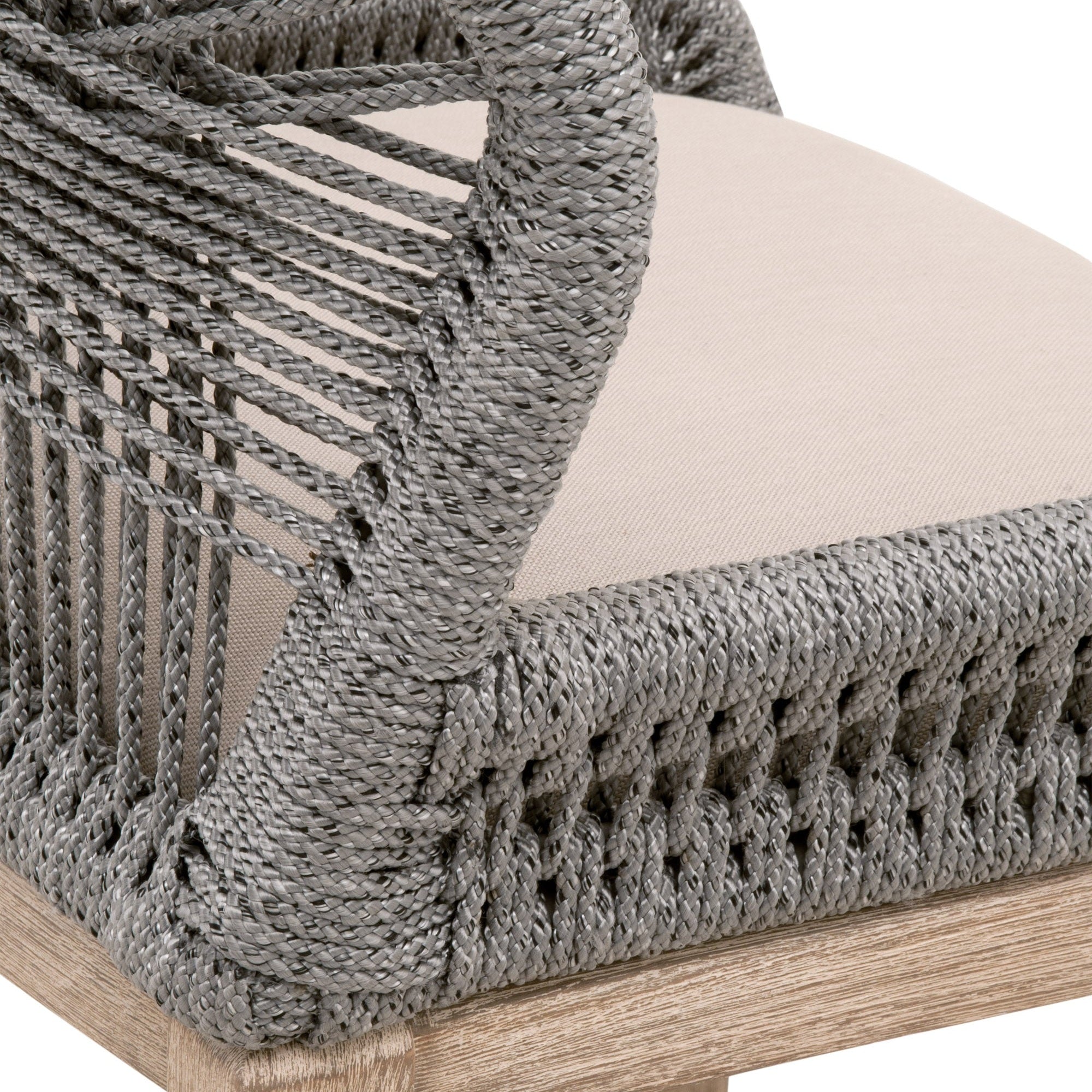 Close-up of Essentials For Living Loom Counter Stool showing handwoven taupe rope backrest and pumice fabric seat cushion