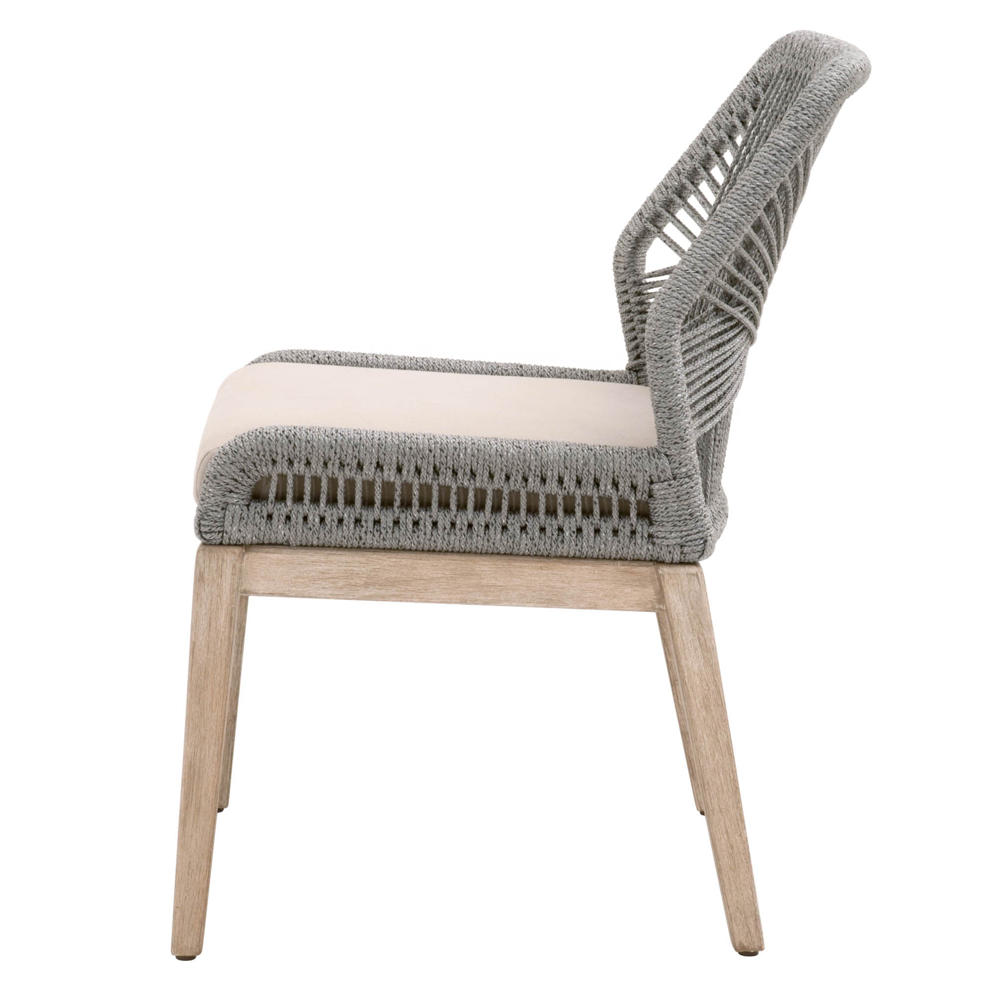 Side view of Loom Dining Chair with woven taupe rope back and natural gray wood legs by Essentials for Living