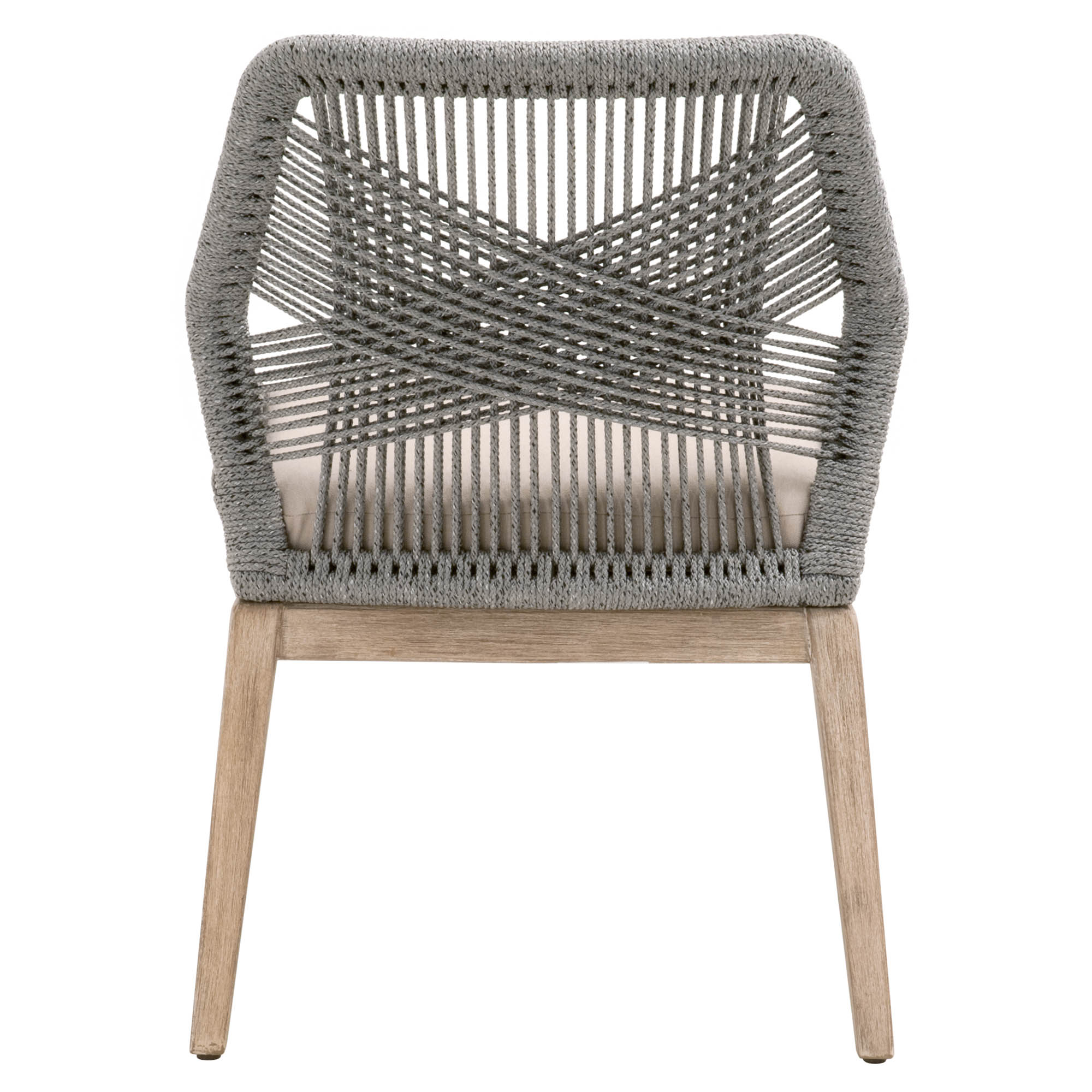 Front view of Loom Dining Chair with woven taupe rope back and natural gray wood legs by Essentials for Living