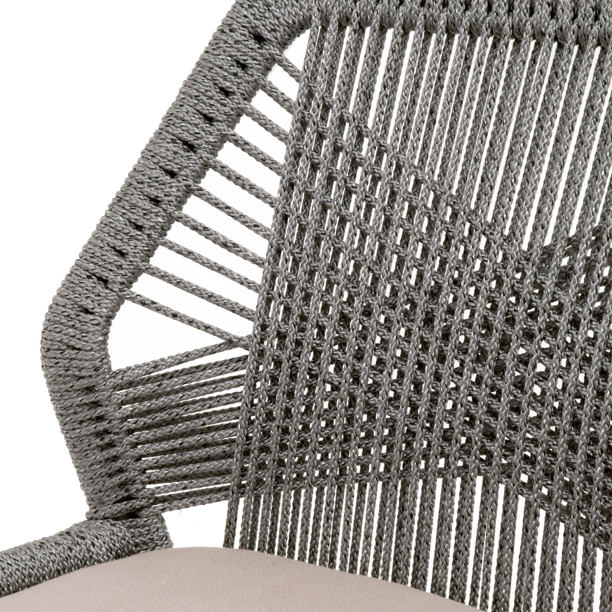 Close-up of taupe woven polypropylene rope in intricate loom pattern on Essentials For Living dining chair backrest