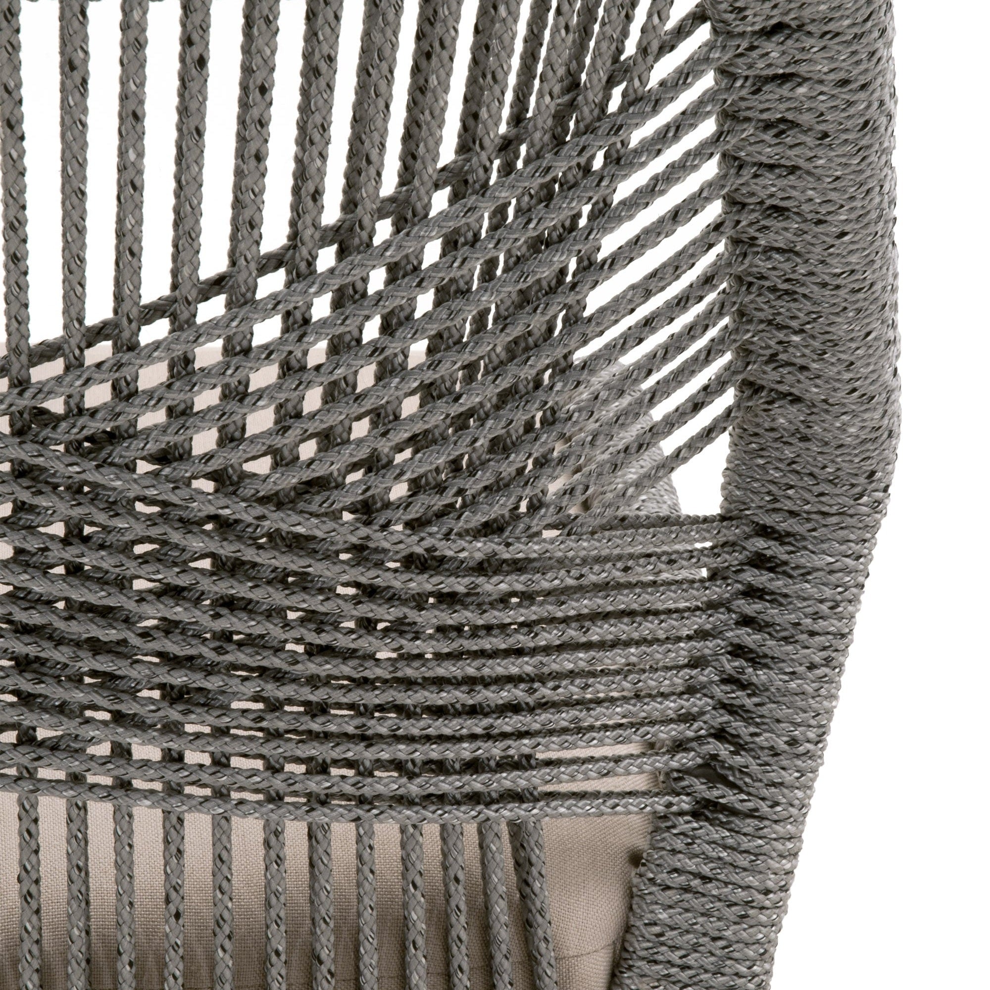 Close-up of woven taupe polypropylene rope detail on Essentials for Living Loom Dining Chair with pumice fabric cushion