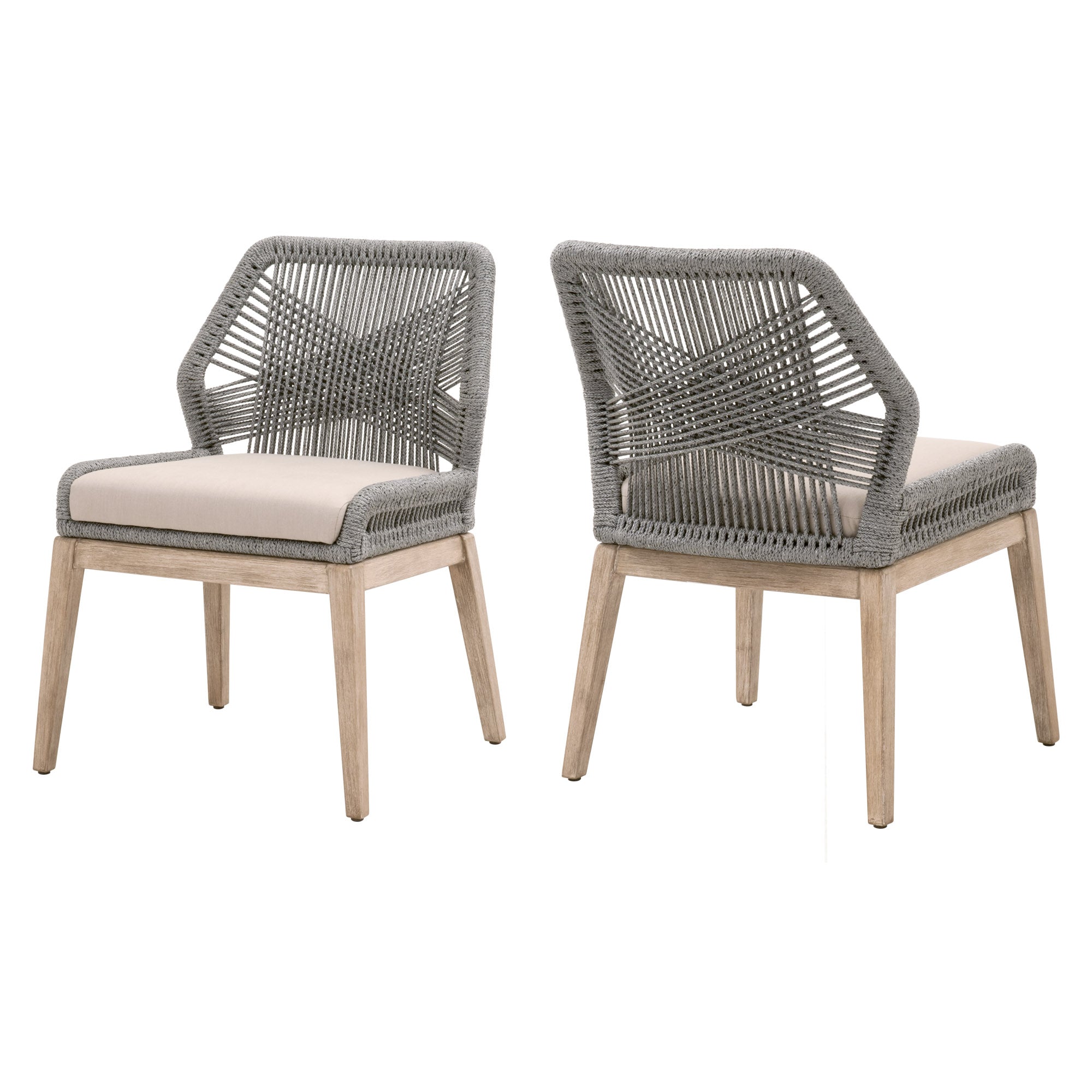 Set of two Essentials For Living Loom Dining Chairs with handwoven taupe rope and natural gray wood legs