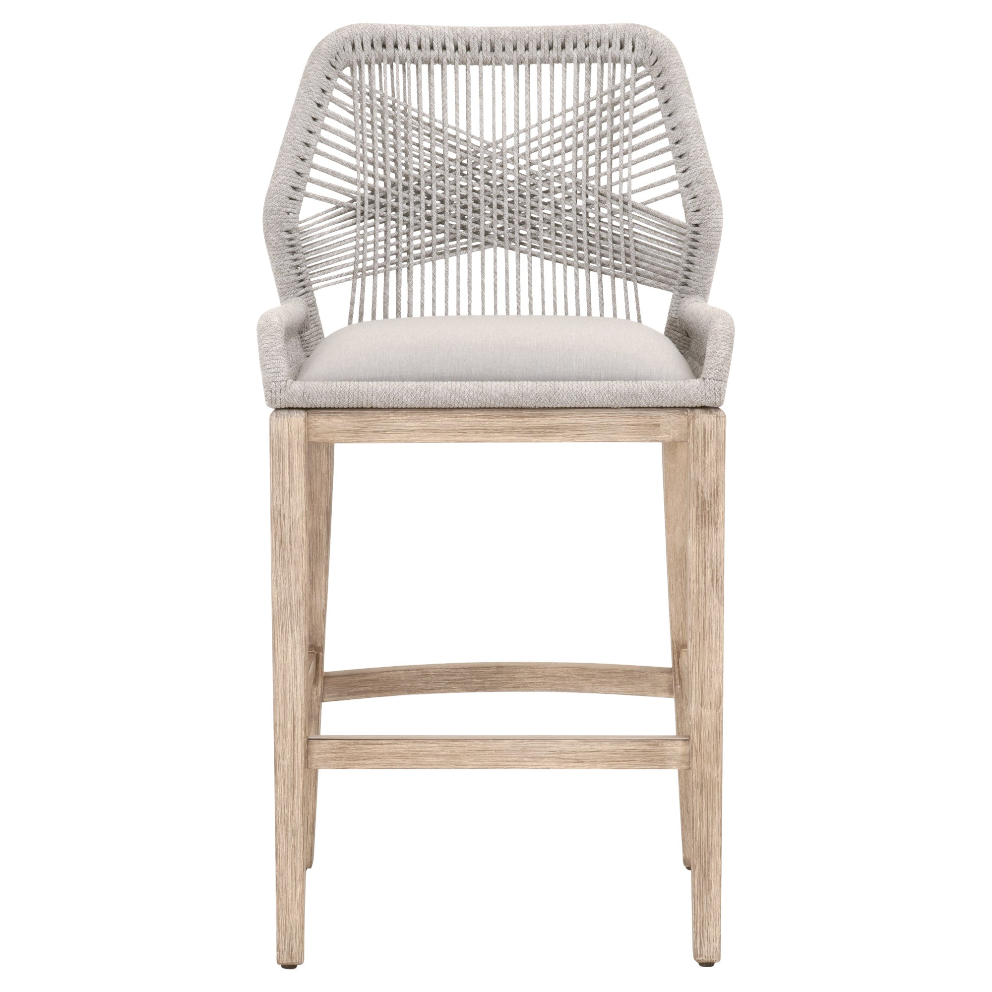 Coastal-inspired Loom Barstool with woven backrest, pumice cushion, and natural gray wood legs by Essentials for Living