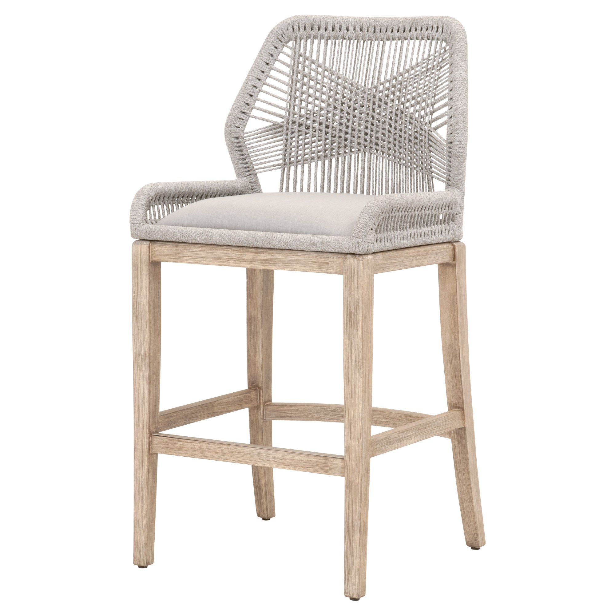 Essentials For Living Loom Barstool with woven backrest, pumice cushion, and natural gray wood legs for coastal elegance.