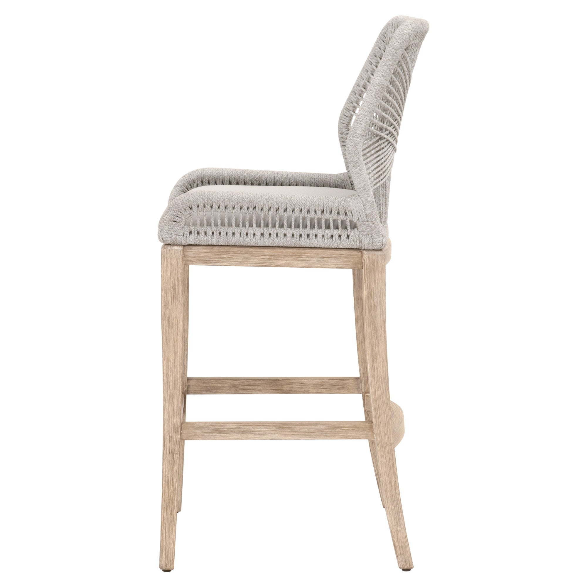 Side view of Essentials For Living Loom Barstool with woven back, pumice cushion, and natural gray wood legs.