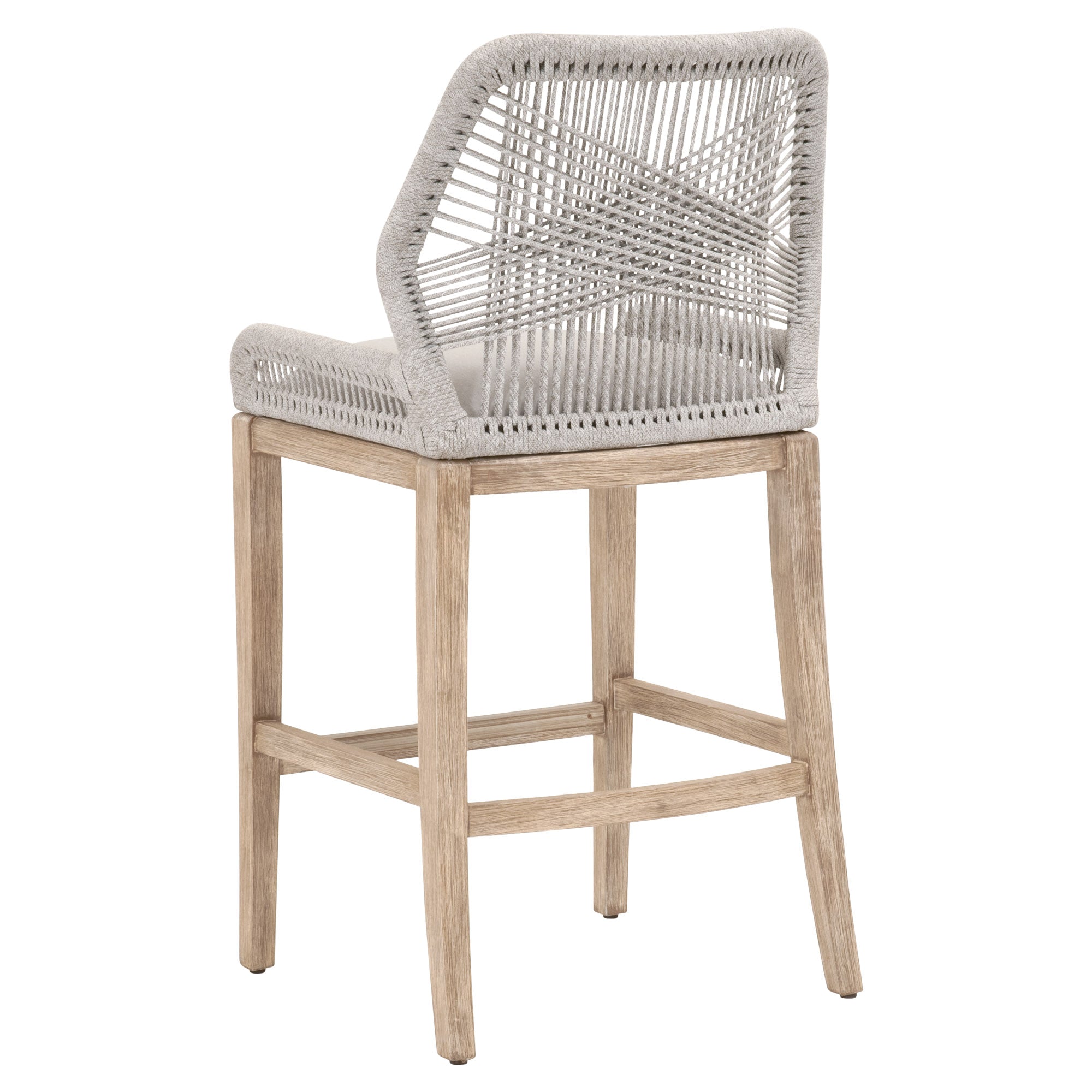Essentials for Living Loom Barstool with handwoven loom-style backrest and natural gray wood legs for coastal charm