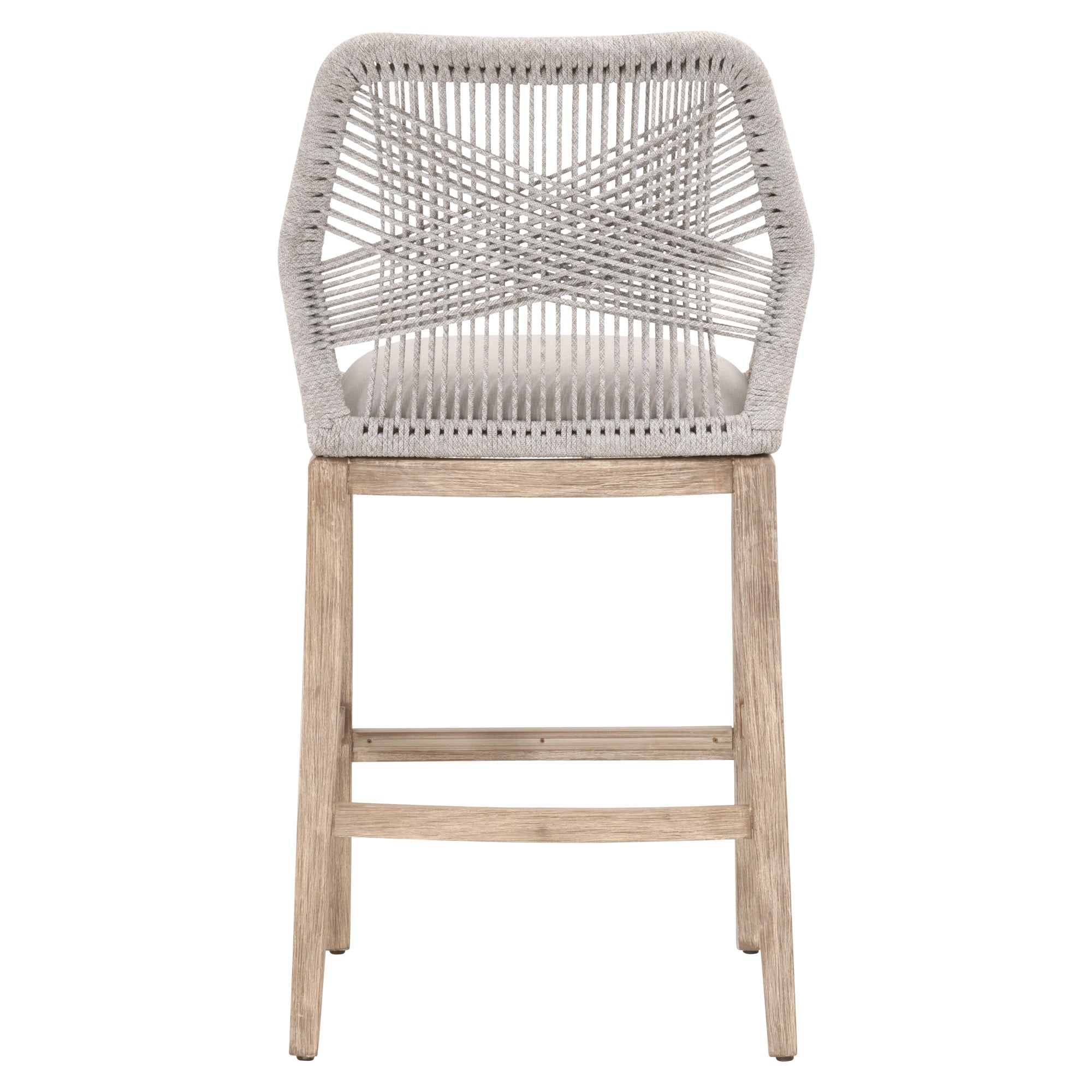 Essentials For Living Loom Barstool with handwoven taupe backrest, pumice cushion, and natural gray wood legs