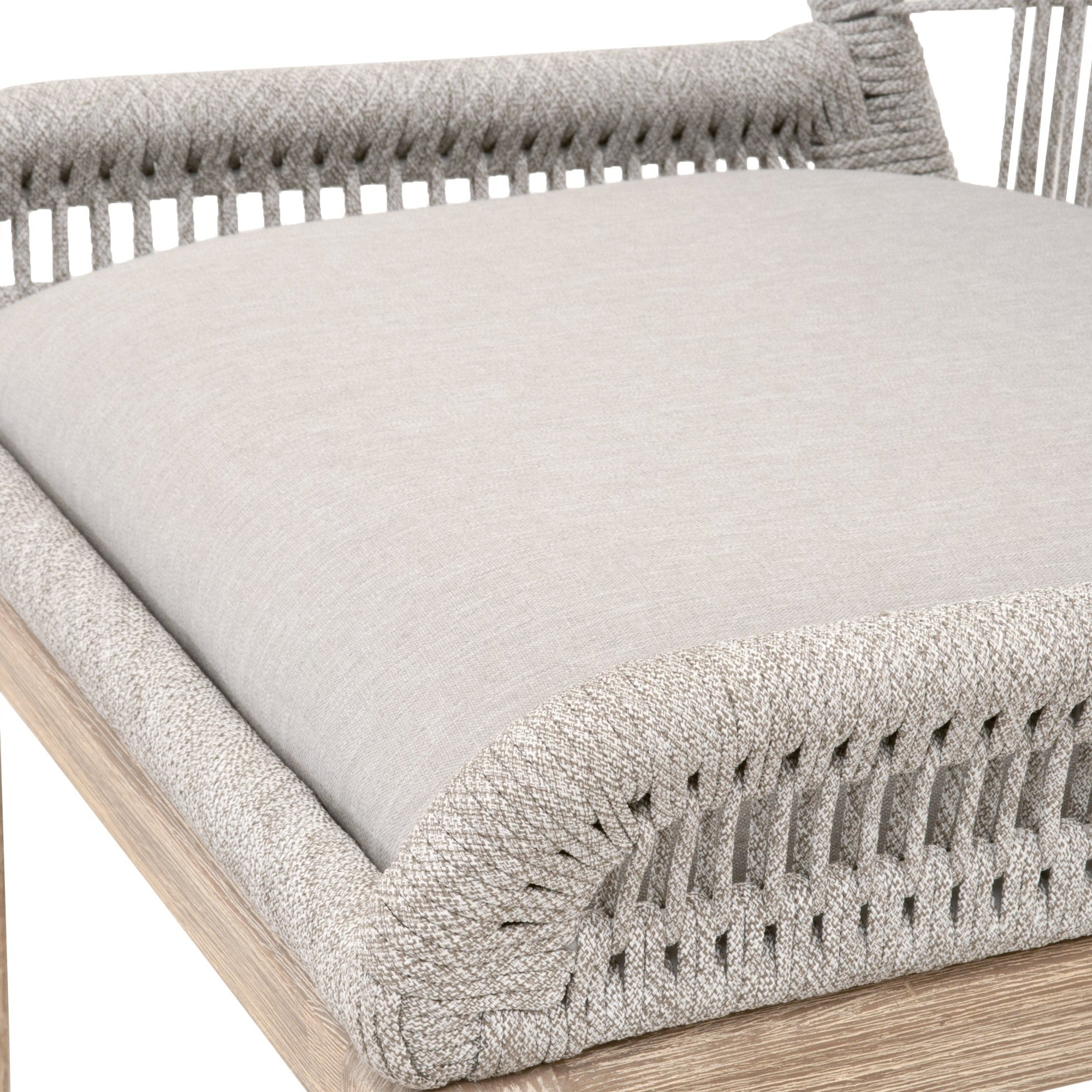 Close-up of taupe woven loom-style seat back and pumice fabric cushion on Essentials For Living barstool