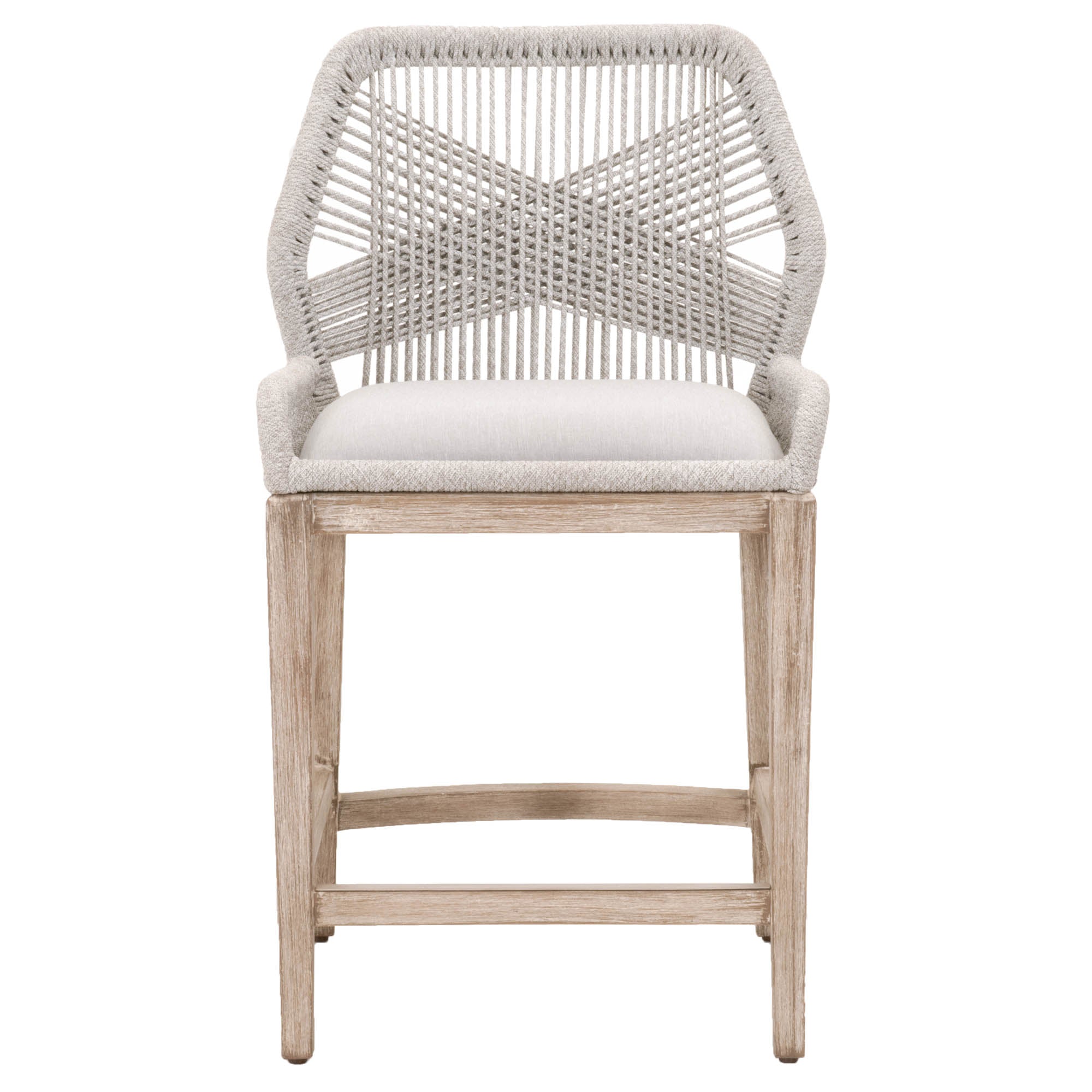 Essentials for Living Loom Counter Stool with handwoven rope backrest and distressed gray mahogany legs
