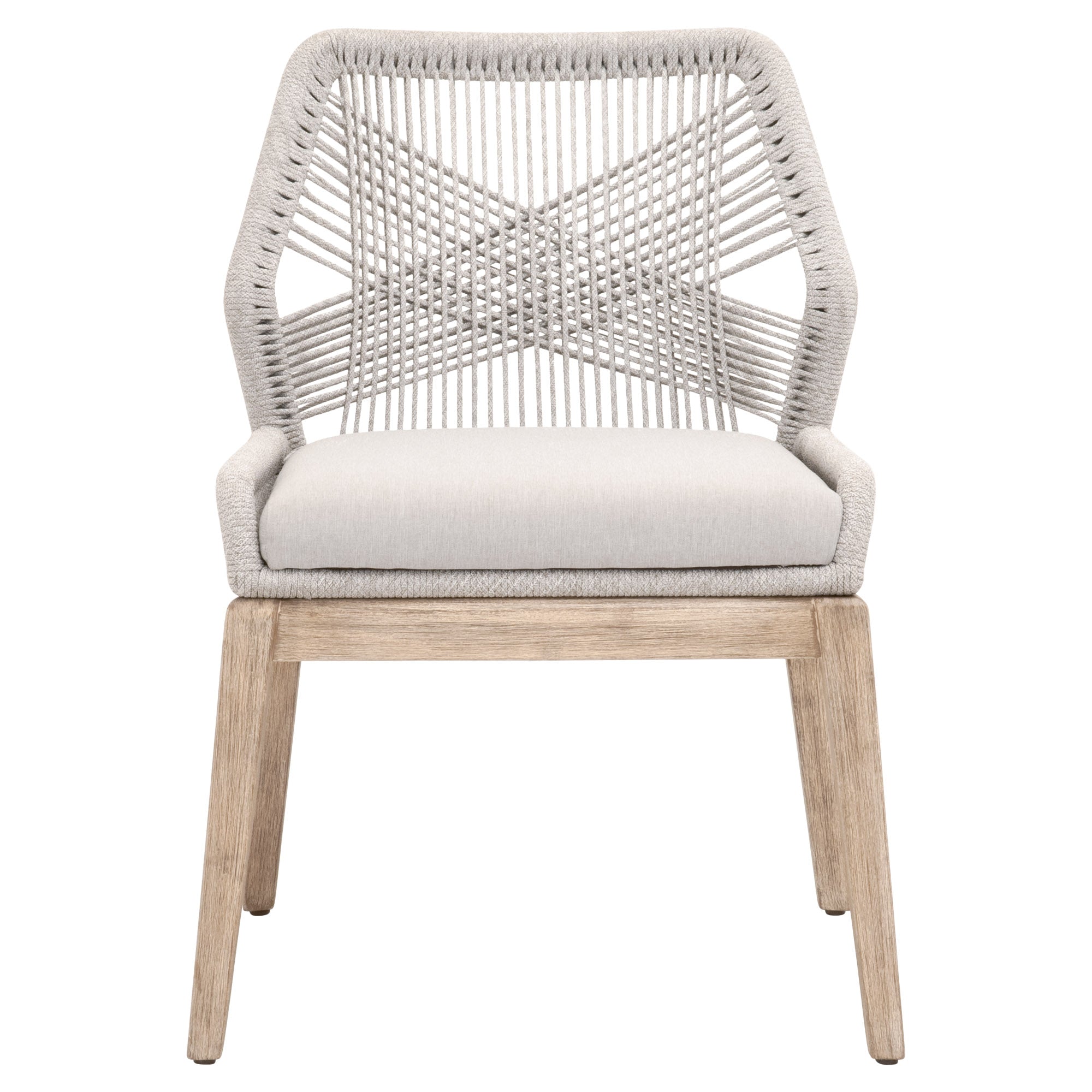 Front view of Essentials for Living Loom Dining Chair with woven taupe rope back and natural gray wood legs