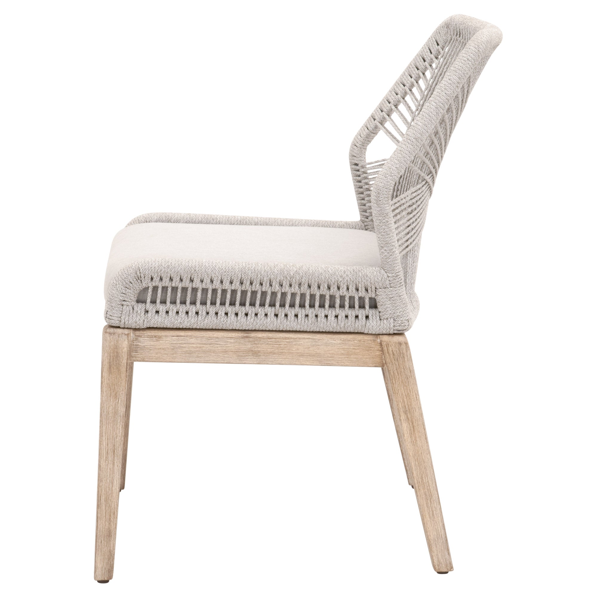 Side view of Loom Dining Chair with woven taupe rope back and cushioned seat on natural gray wood legs