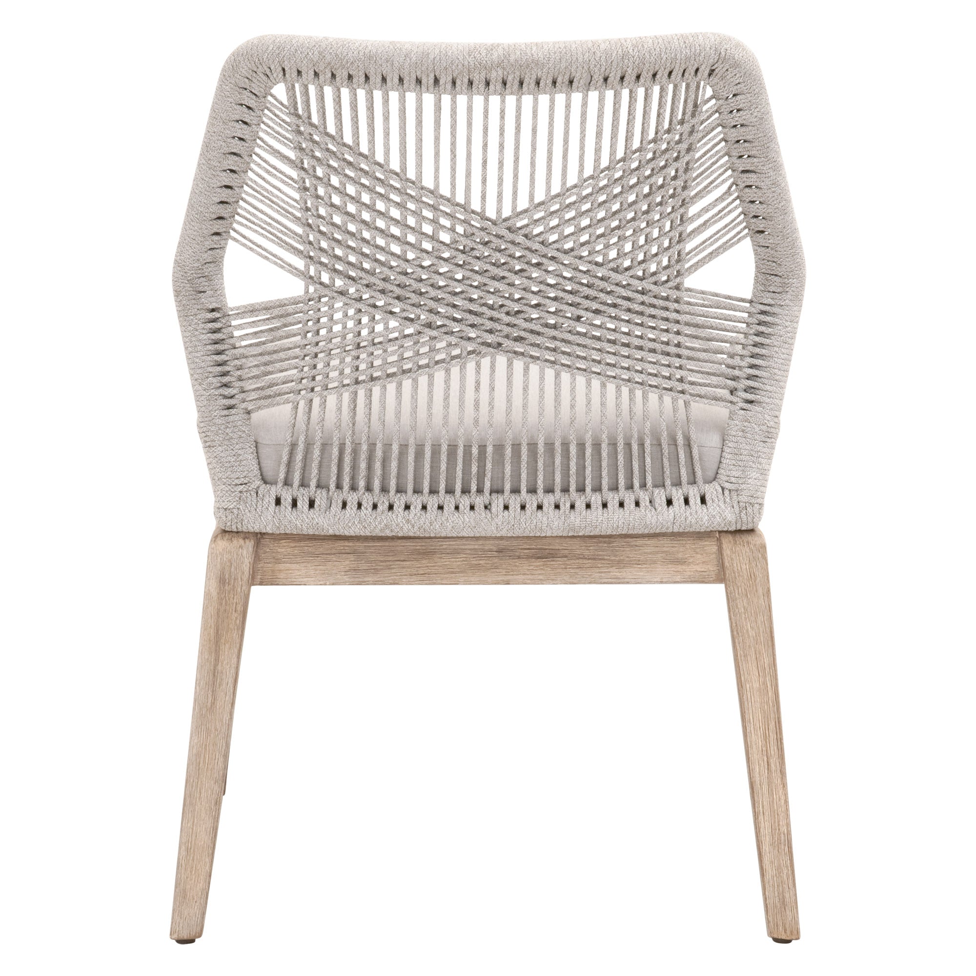 Front view of Essentials For Living Loom Dining Chair with taupe woven rope and natural gray wood legs