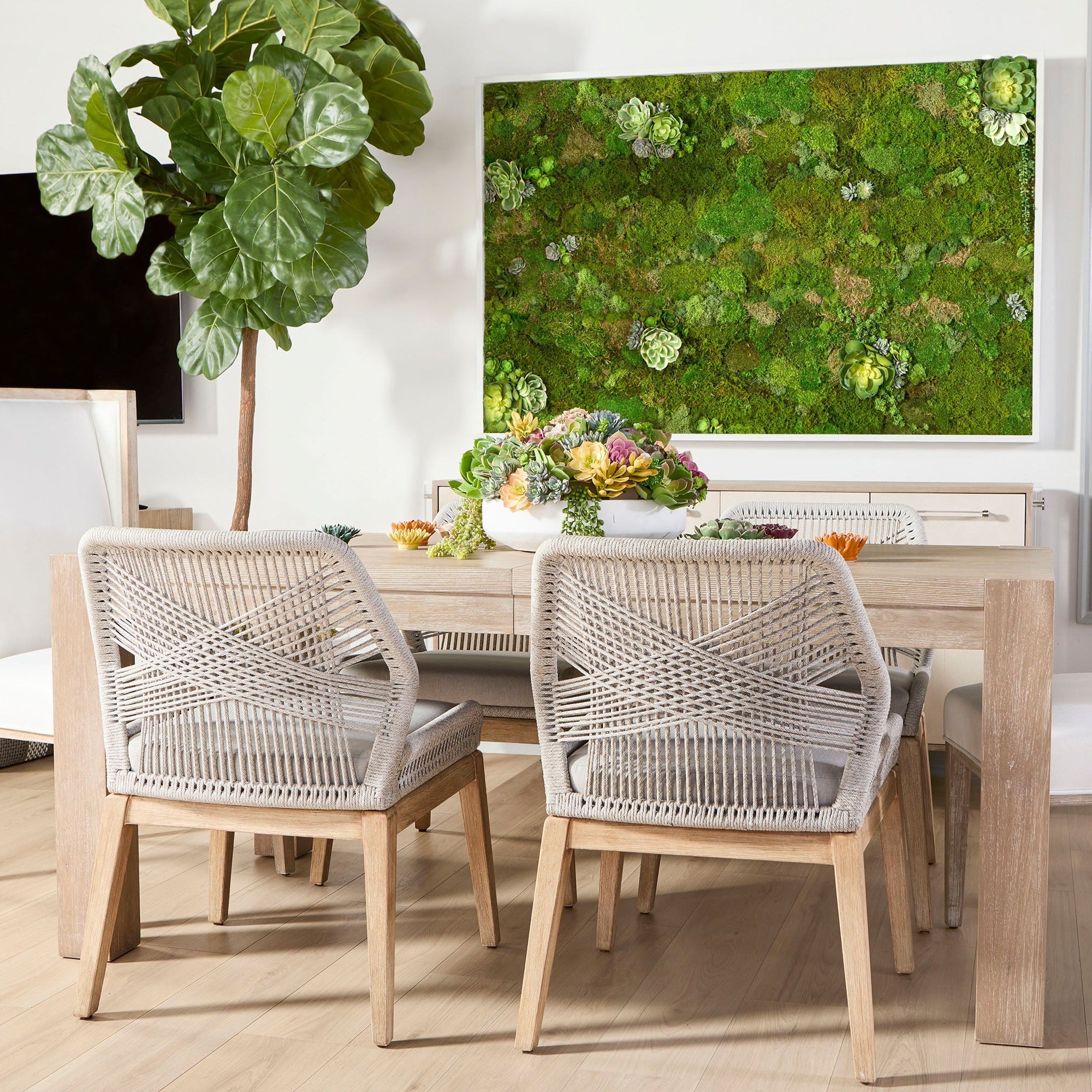 Two Essentials For Living Loom Dining Chairs with woven taupe and white rope and natural gray wood legs