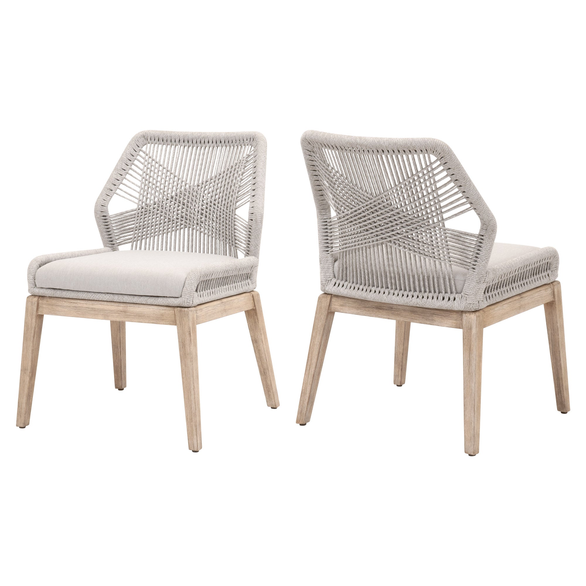 Set of two Essentials For Living Loom Dining Chairs with handwoven taupe rope and natural gray wood legs.