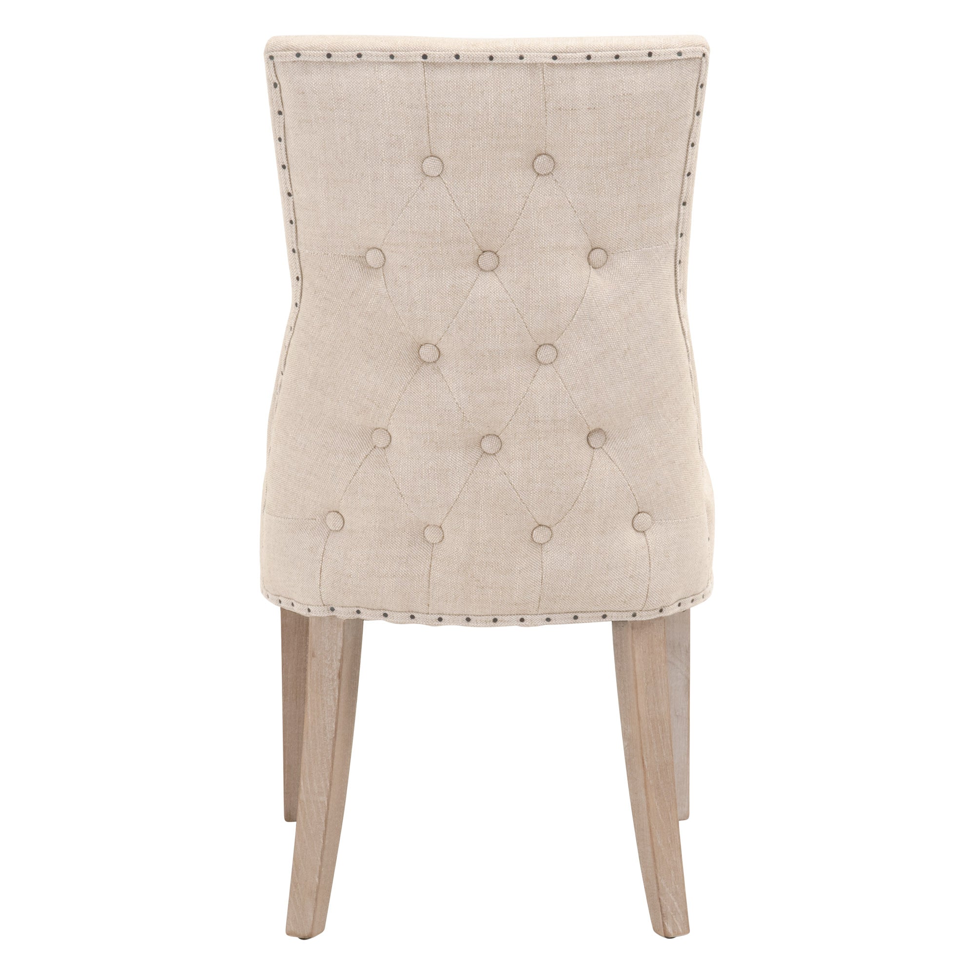 Back view of Lourdes Dining Chair with button-tufted bisque linen and natural gray ash frame by Essentials for Living