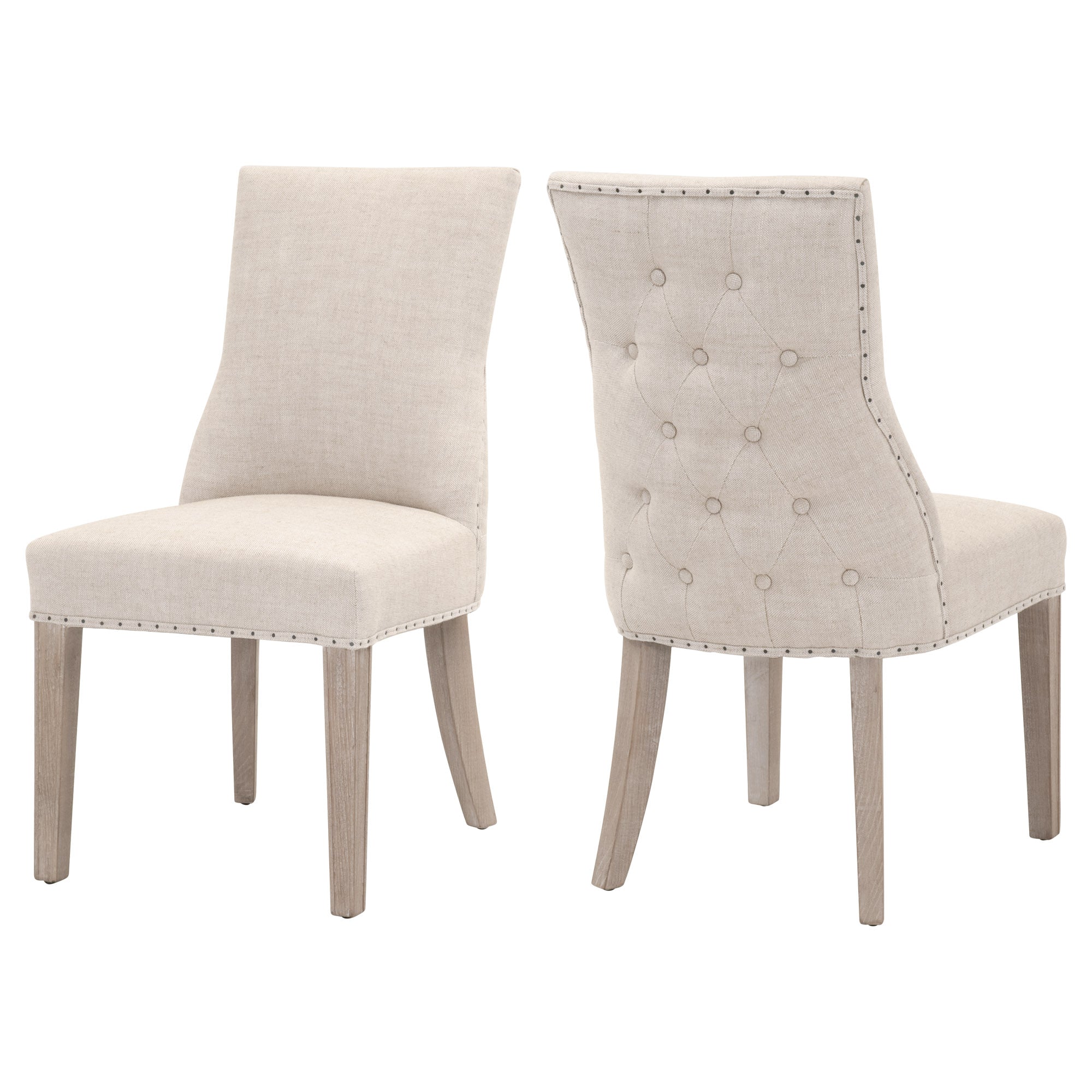 Lourdes Dining Chair Set of 2 with tufted bisque linen upholstery and natural gray ash wood frame by Essentials for Living