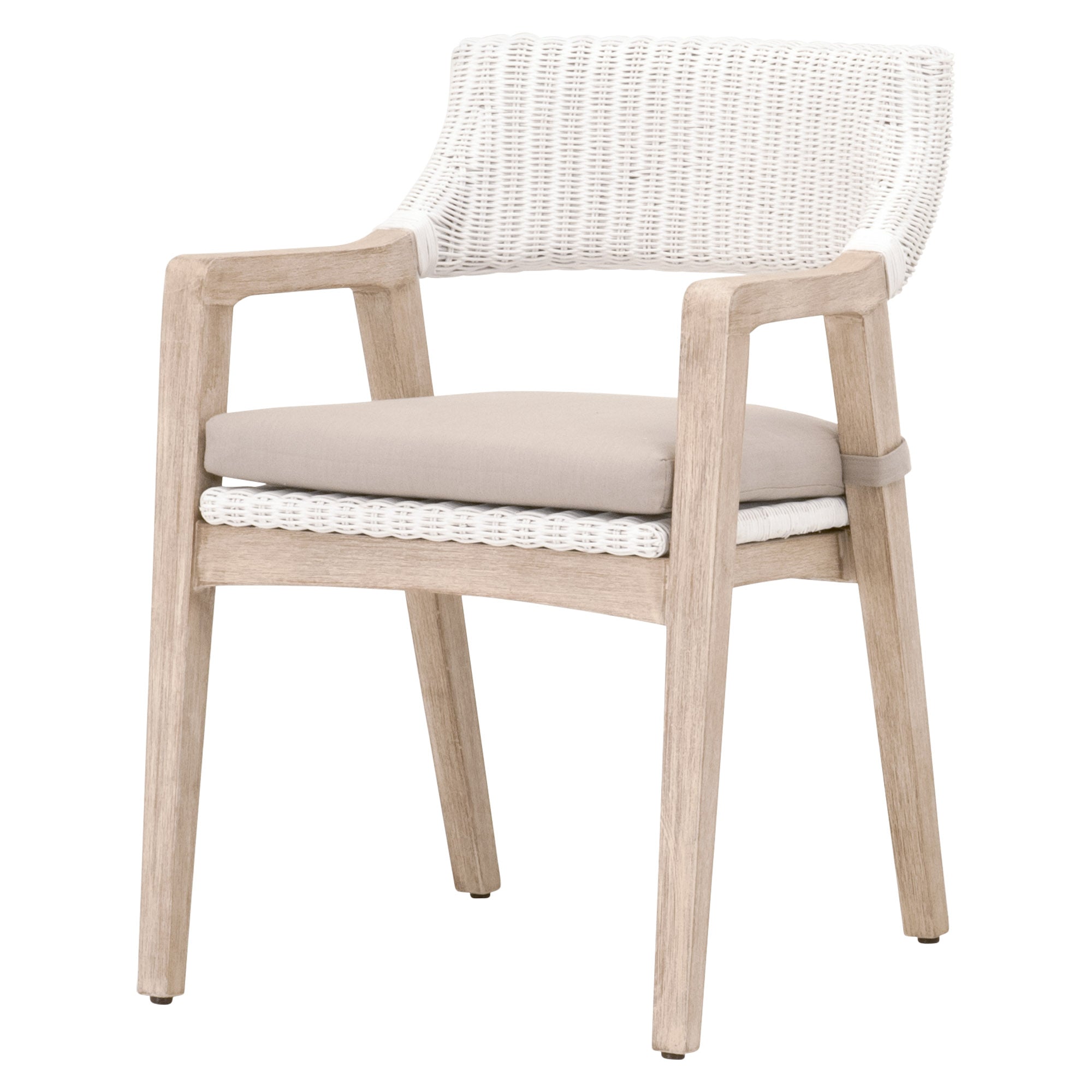 Lucia Arm Chair with white rattan, distressed natural gray mahogany frame, light gray cushion by Essentials for Living