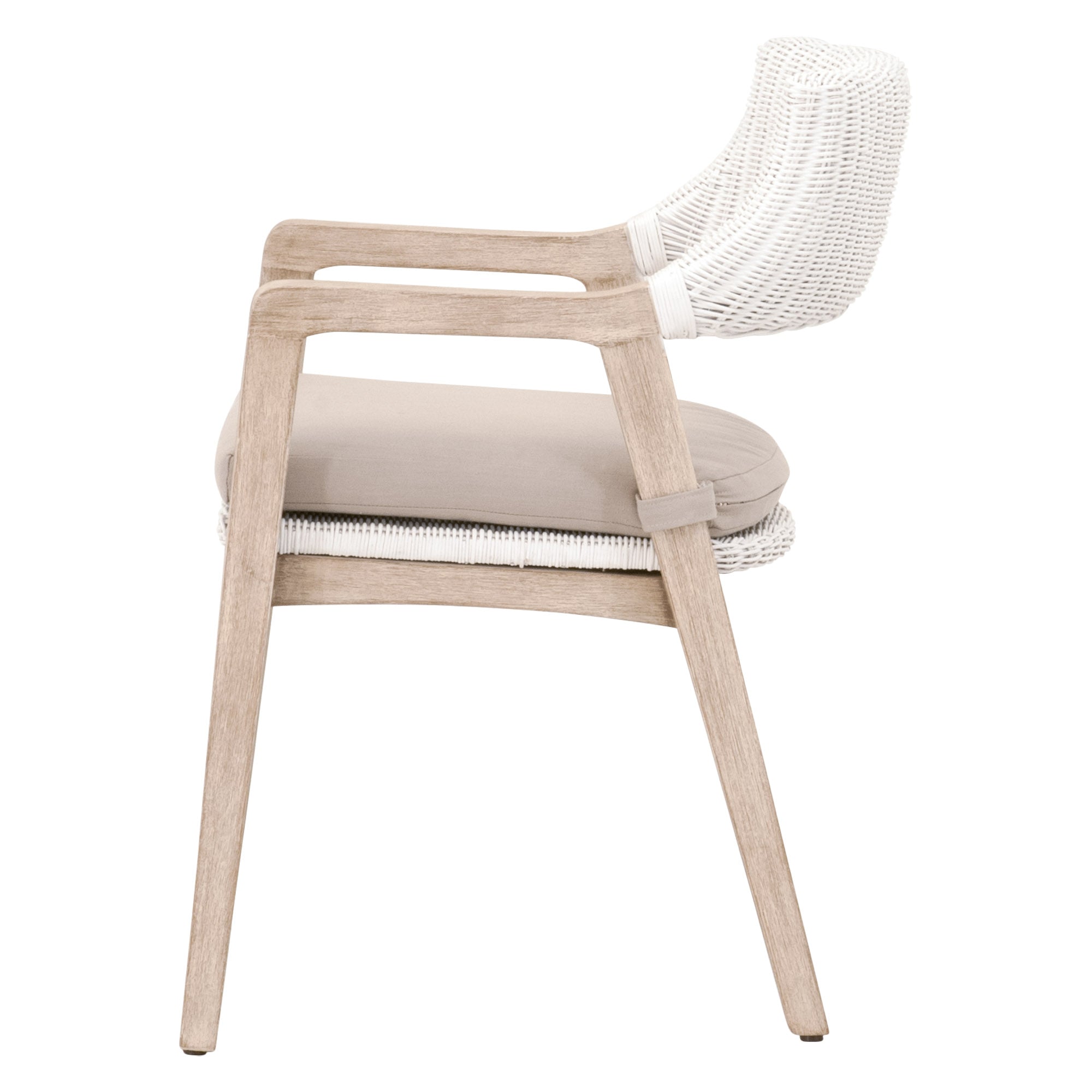 Lucia Arm Chair with white rattan and light gray cushion in distressed gray wood frame by Essentials for Living