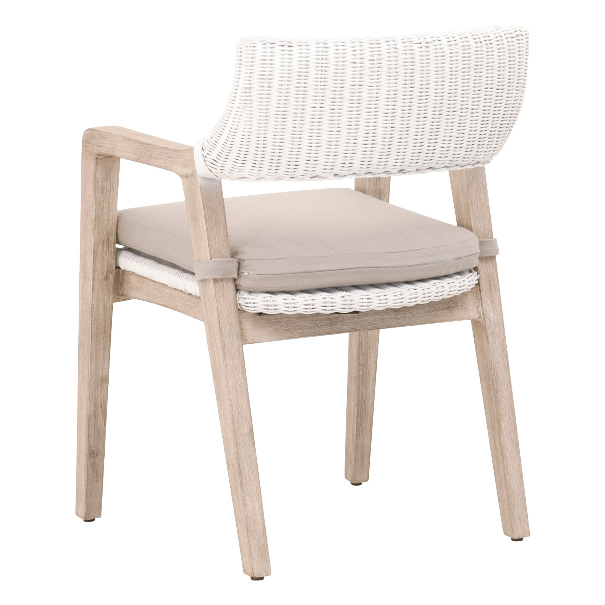 Lucia Arm Chair with white rattan and light gray cushion on distressed mahogany frame by Essentials for Living