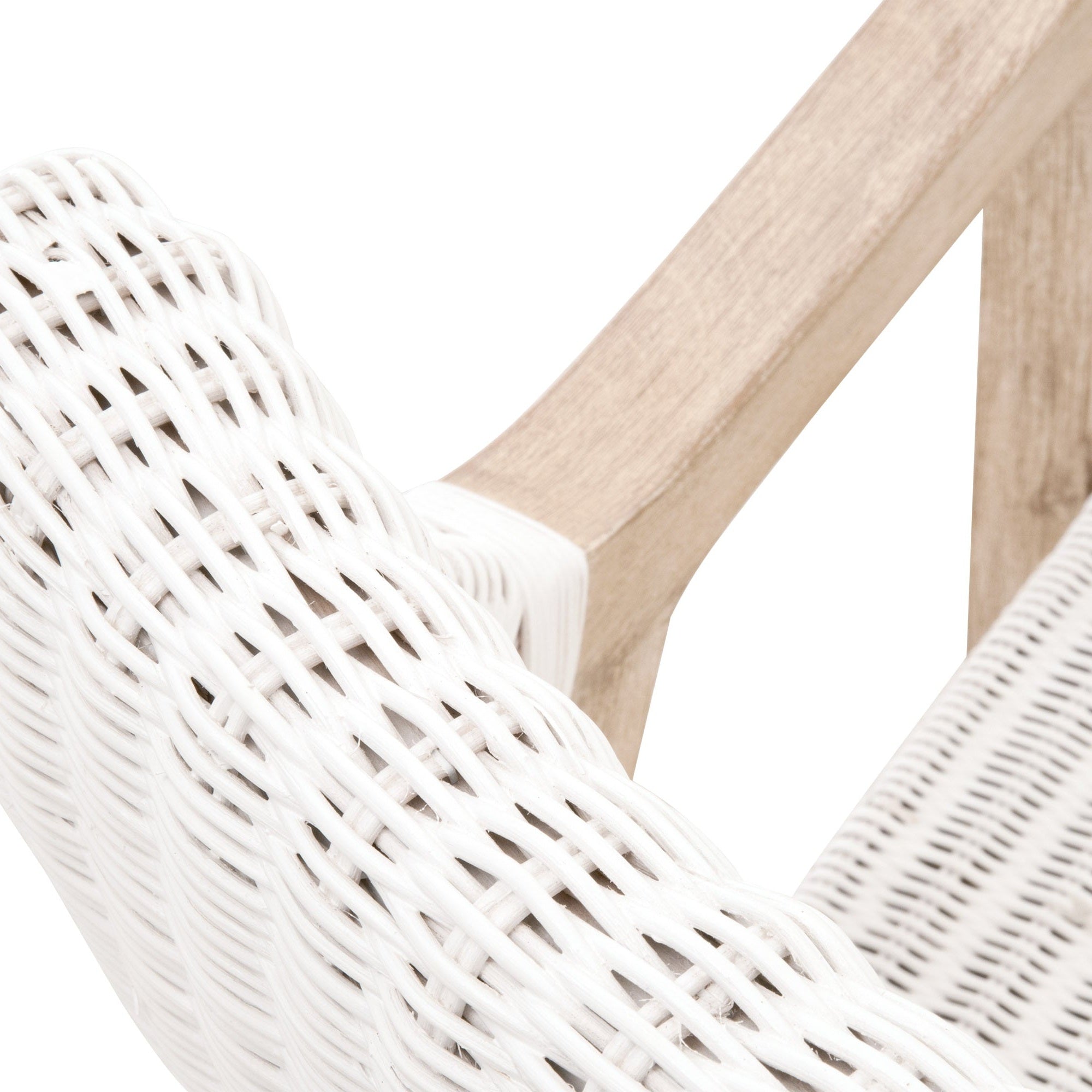 Close-up of handwoven white rattan and distressed natural gray mahogany arm on Lucia Arm Chair by Essentials For Living