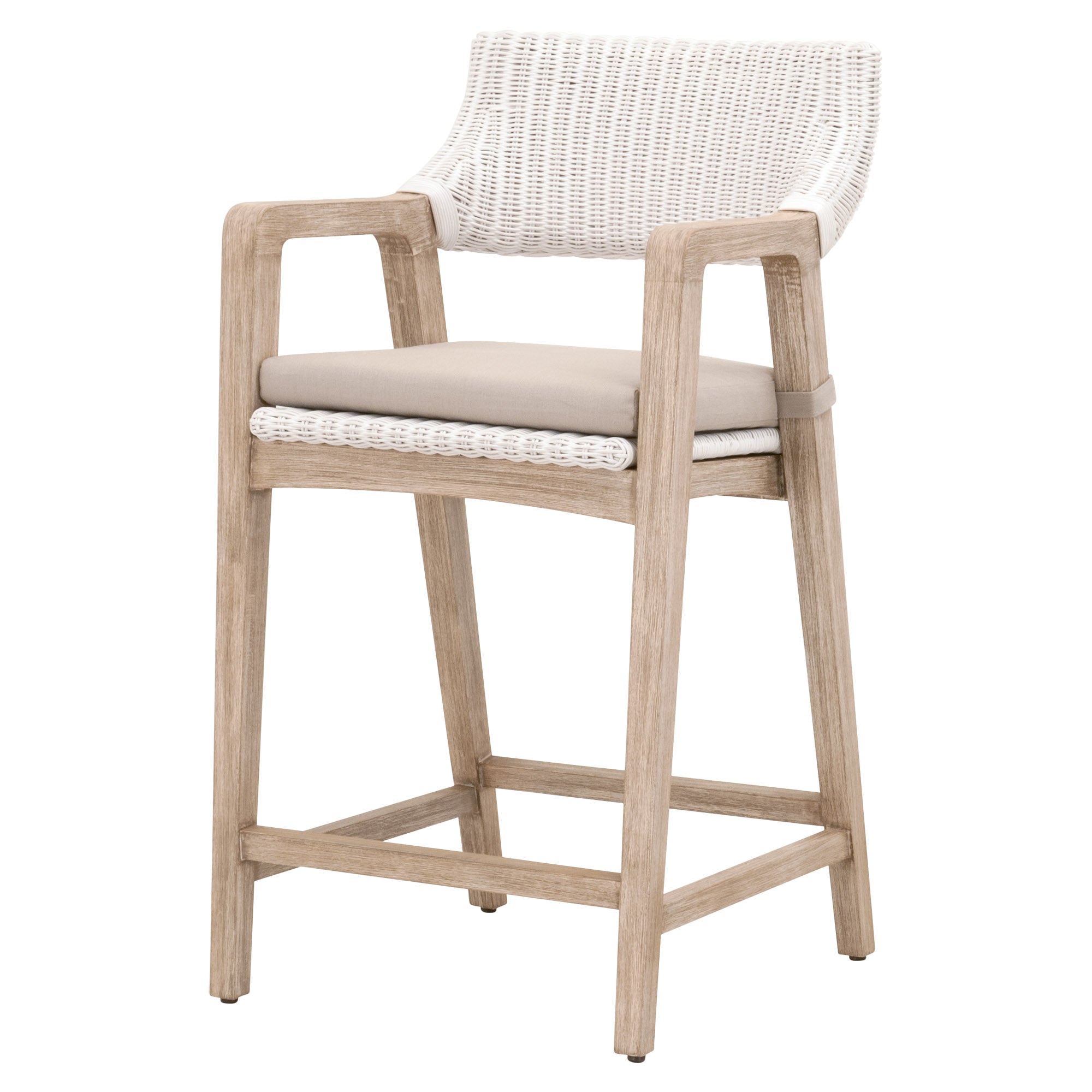 Lucia Counter Stool with white handwoven rattan and light gray cushion by Essentials For Living