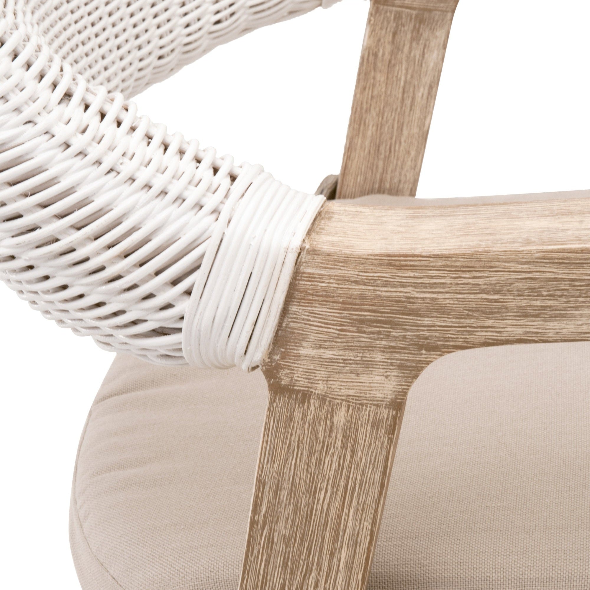 Close-up of white rattan and distressed natural gray mahogany frame on Lucia Counter Stool by Essentials For Living