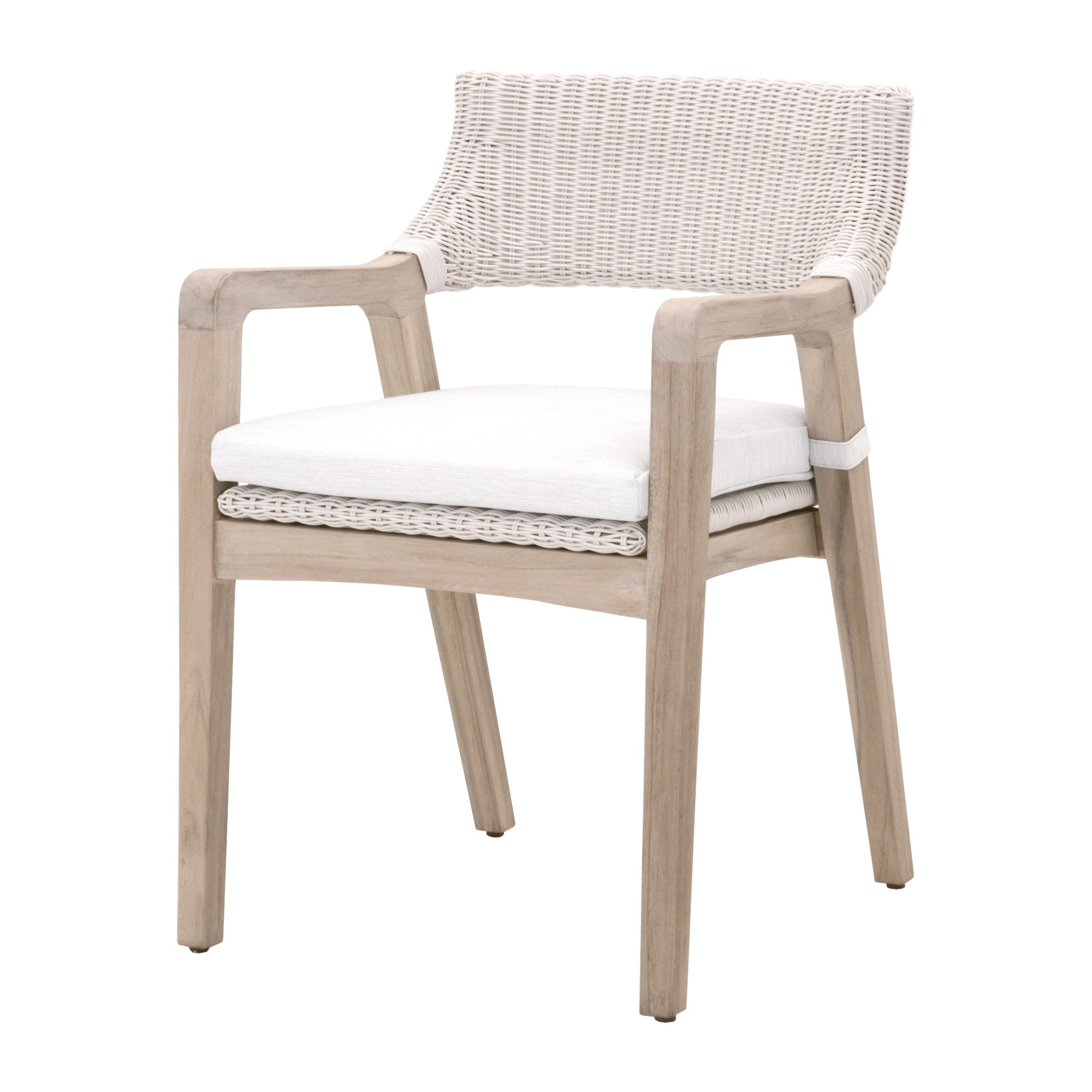Essentials for Living Lucia Outdoor Arm Chair with white wicker and gray teak frame featuring a removable all-weather cushion