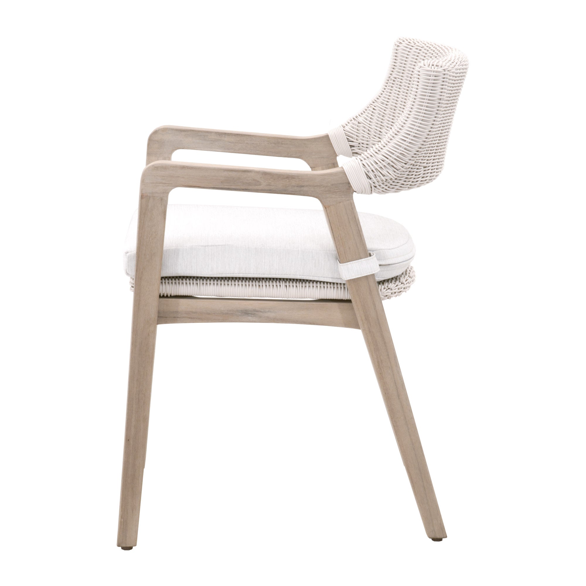 Side view of Lucia Outdoor Arm Chair with white wicker and gray teak wood frame by Essentials for Living
