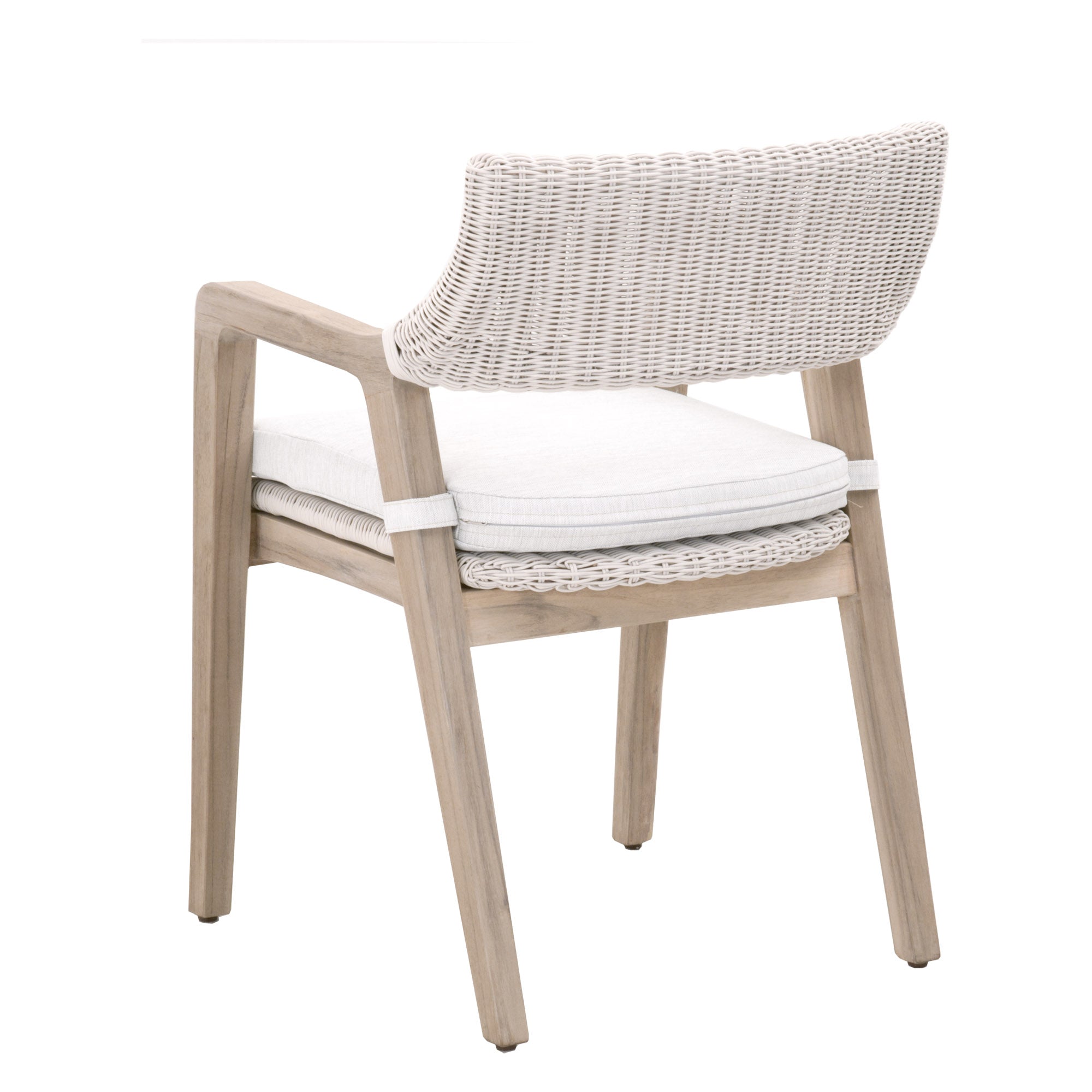 Essentials for Living Lucia outdoor arm chair with white synthetic wicker and gray teak frame with cushion