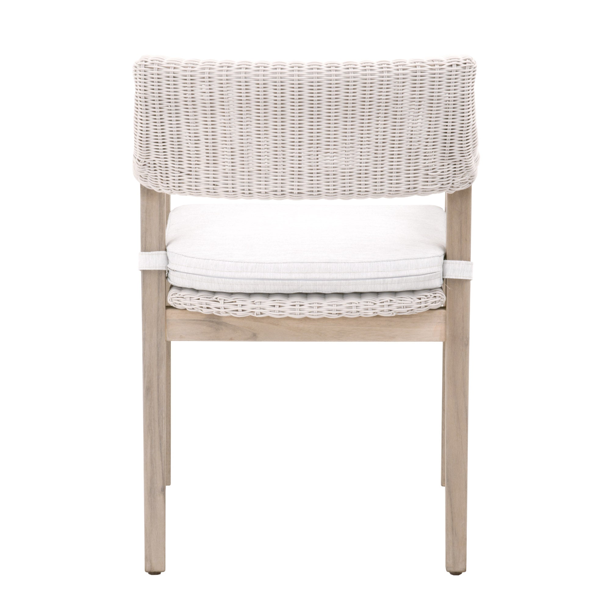 Back view of Lucia Outdoor Arm Chair with white woven synthetic wicker and gray teak frame by Essentials For Living