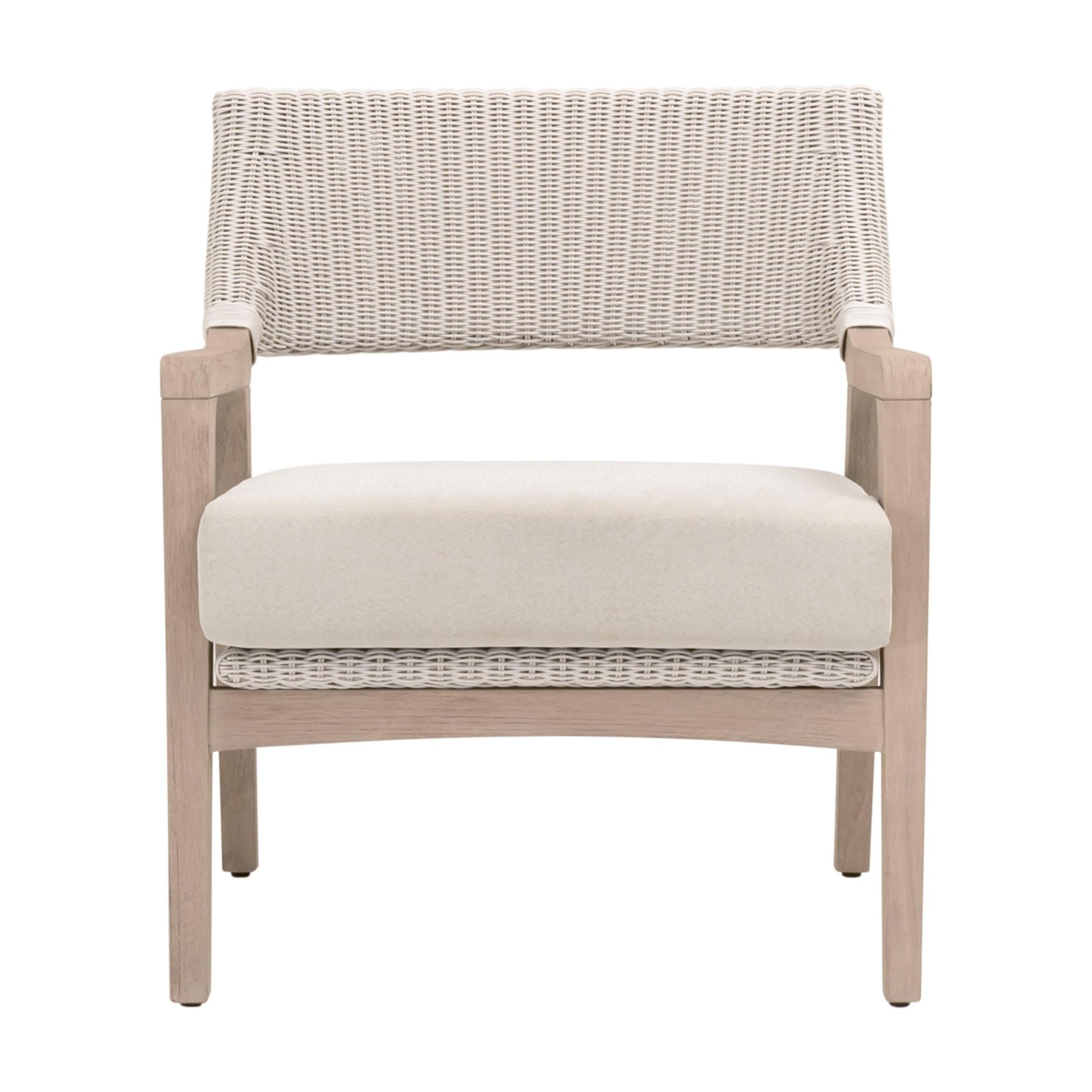 Lucia Outdoor Club Chair by Essentials for Living with white wicker, washed teak frame, and stone cushion seat