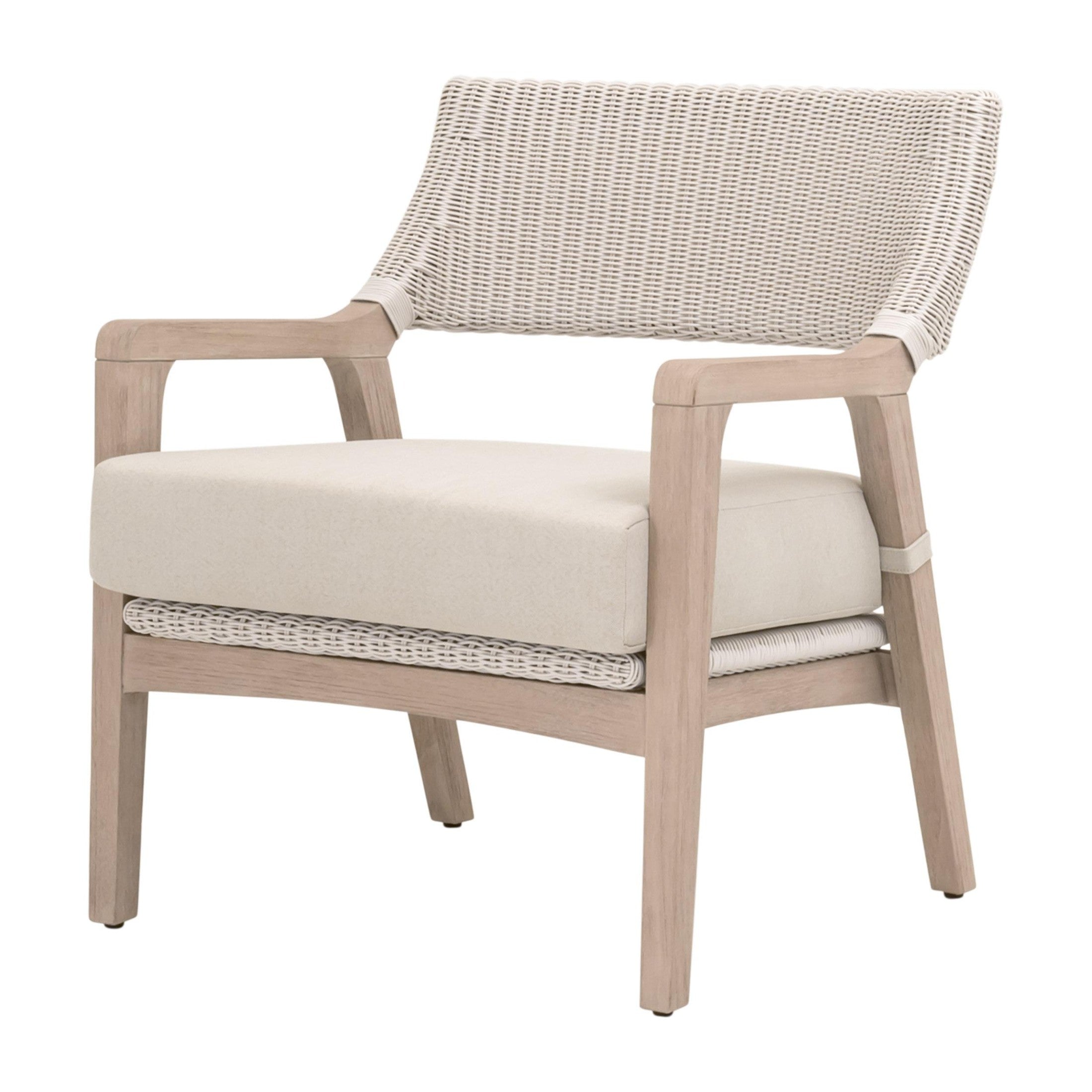 Lucia Outdoor Club Chair by Essentials For Living with washed teak frame, white wicker, and stone cushion