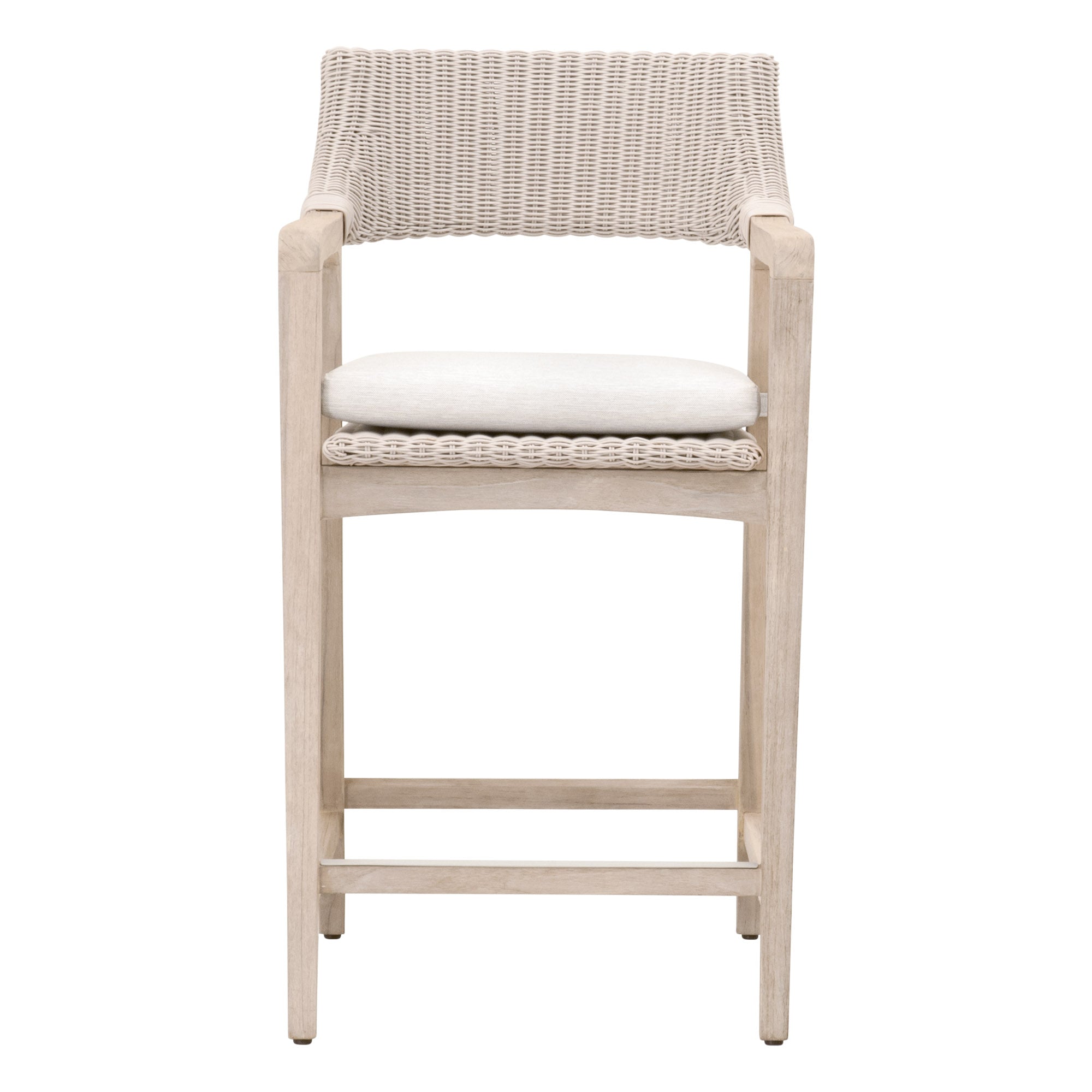 Lucia Outdoor Counter Stool in pure white wicker with gray teak frame and white cushion by Essentials for Living