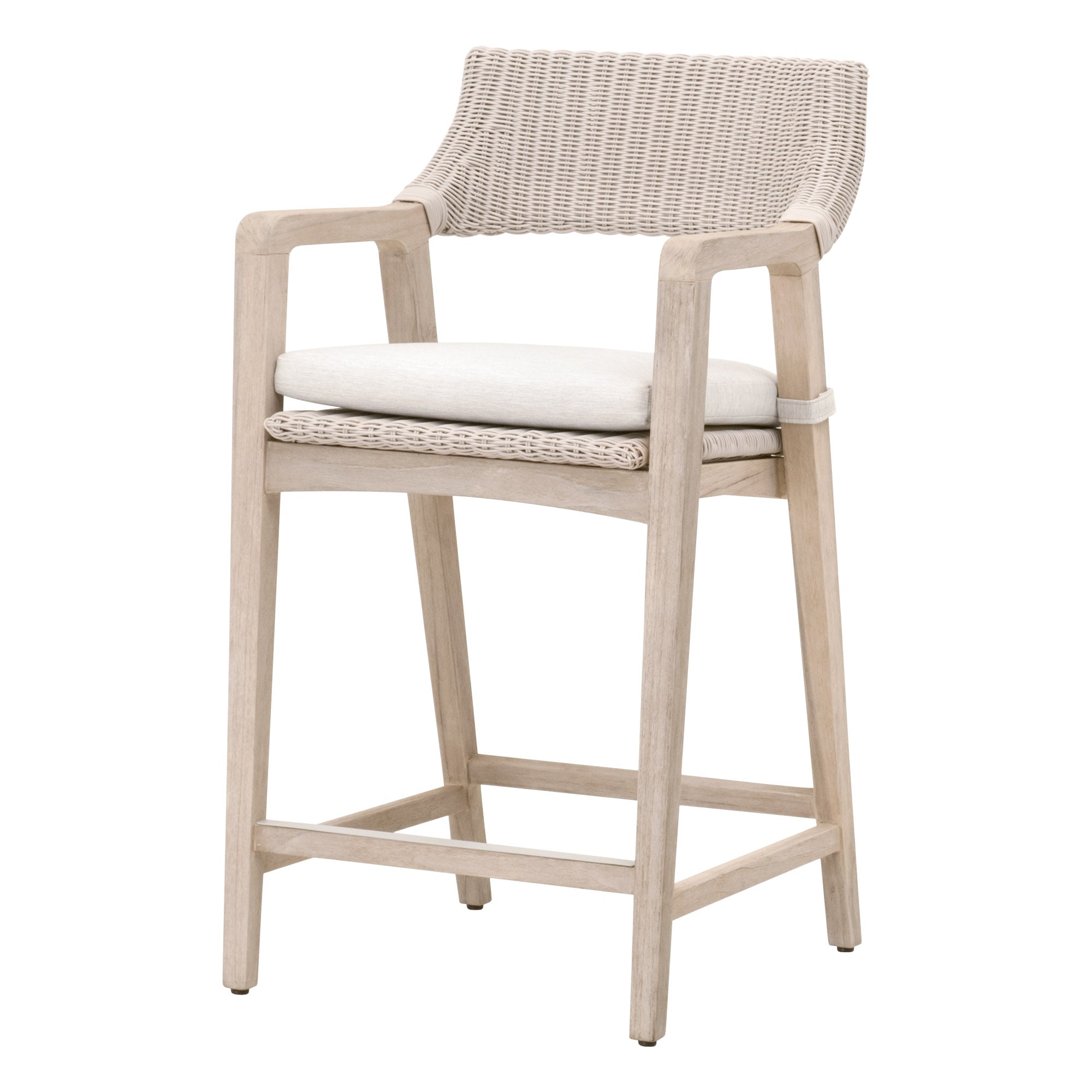 Lucia Outdoor Counter Stool in white synthetic wicker with gray teak frame and cushion by Essentials For Living