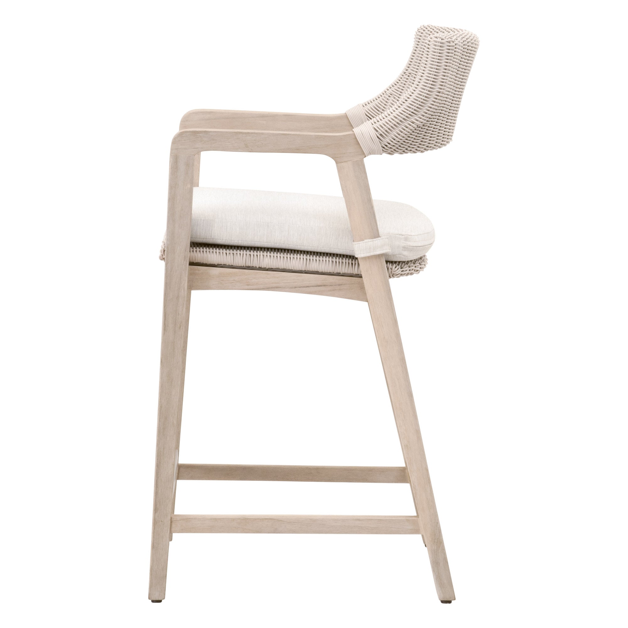 Lucia Outdoor Counter Stool in pure white synthetic wicker with gray teak frame and white cushion by Essentials for Living