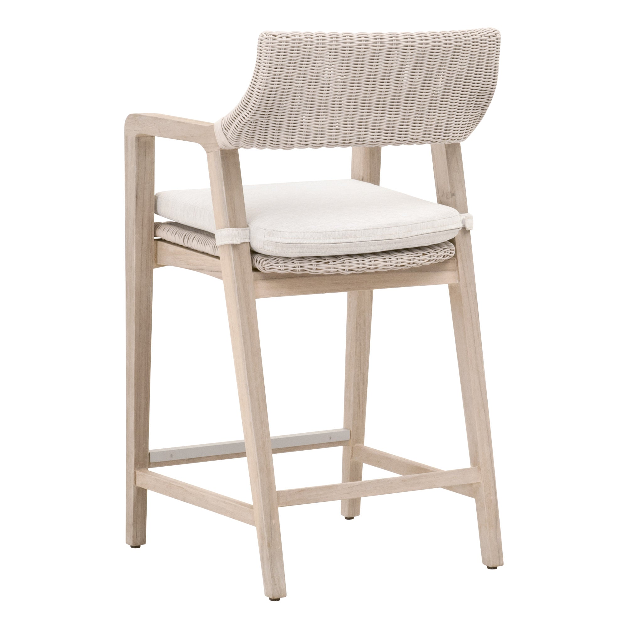 Lucia Outdoor Counter Stool with white wicker backrest and gray teak frame by Essentials for Living