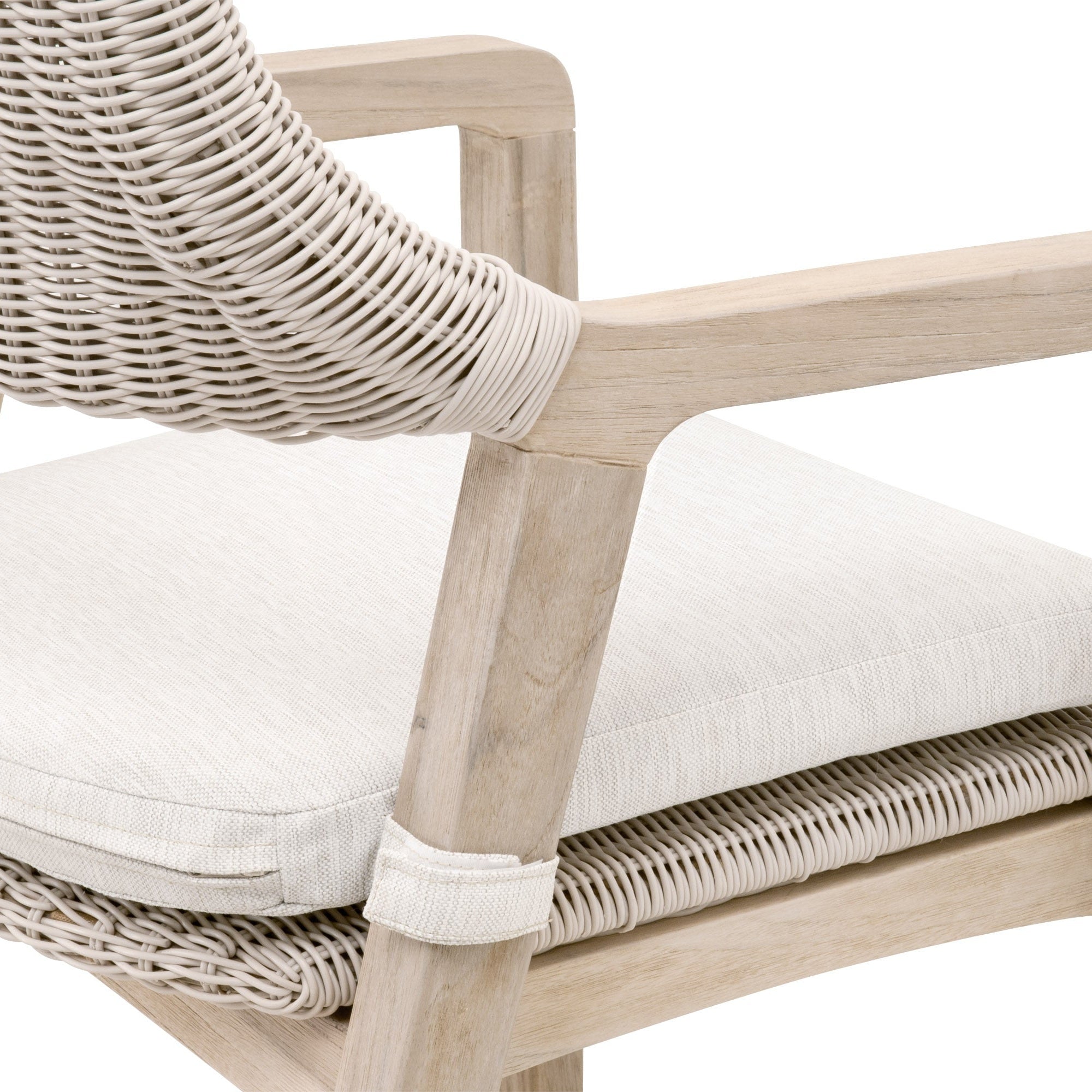 Close-up of Lucia Outdoor Counter Stool with pure white synthetic wicker and gray teak frame by Essentials for Living