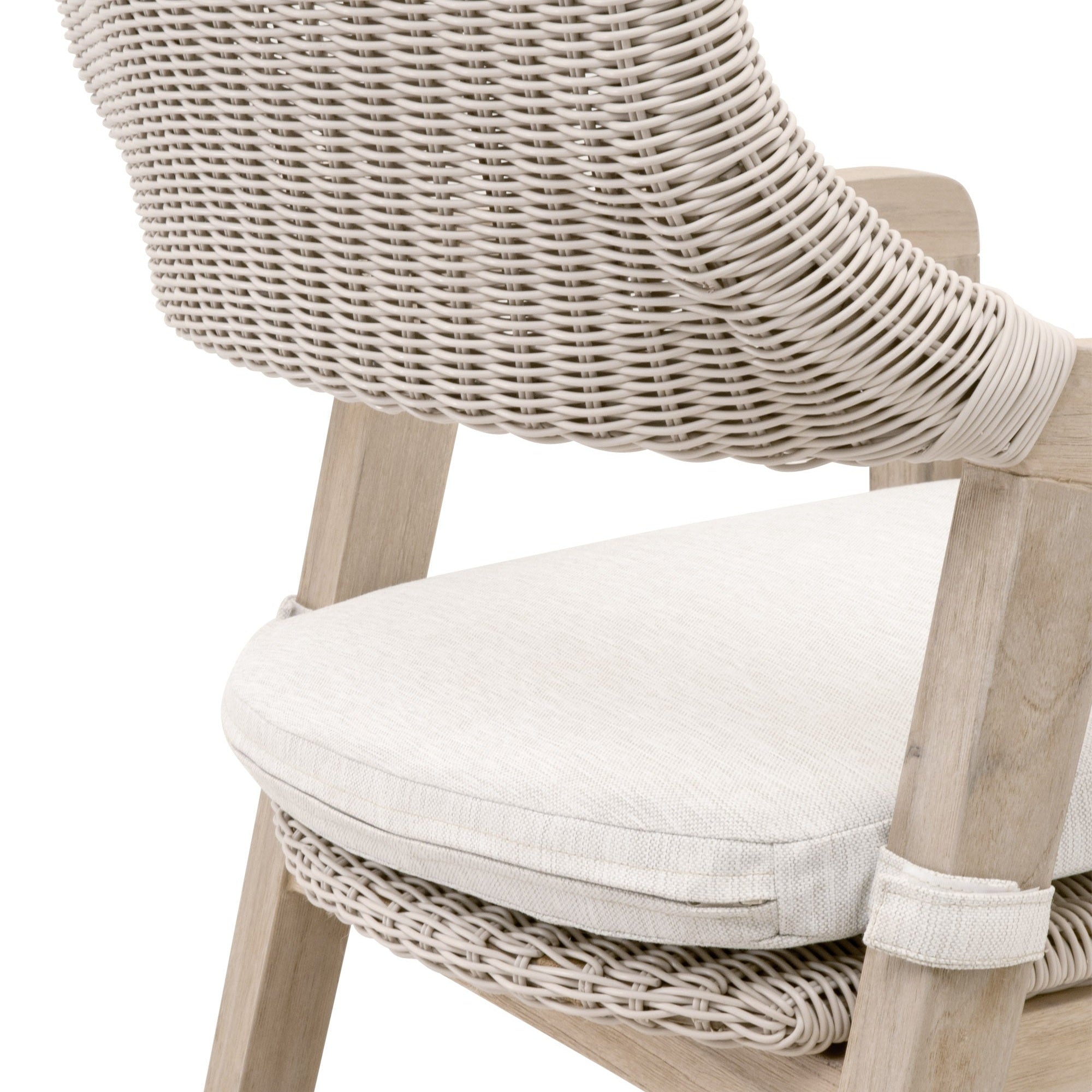 Close-up of Lucia Outdoor Counter Stool with white synthetic wicker and removable cushion by Essentials For Living