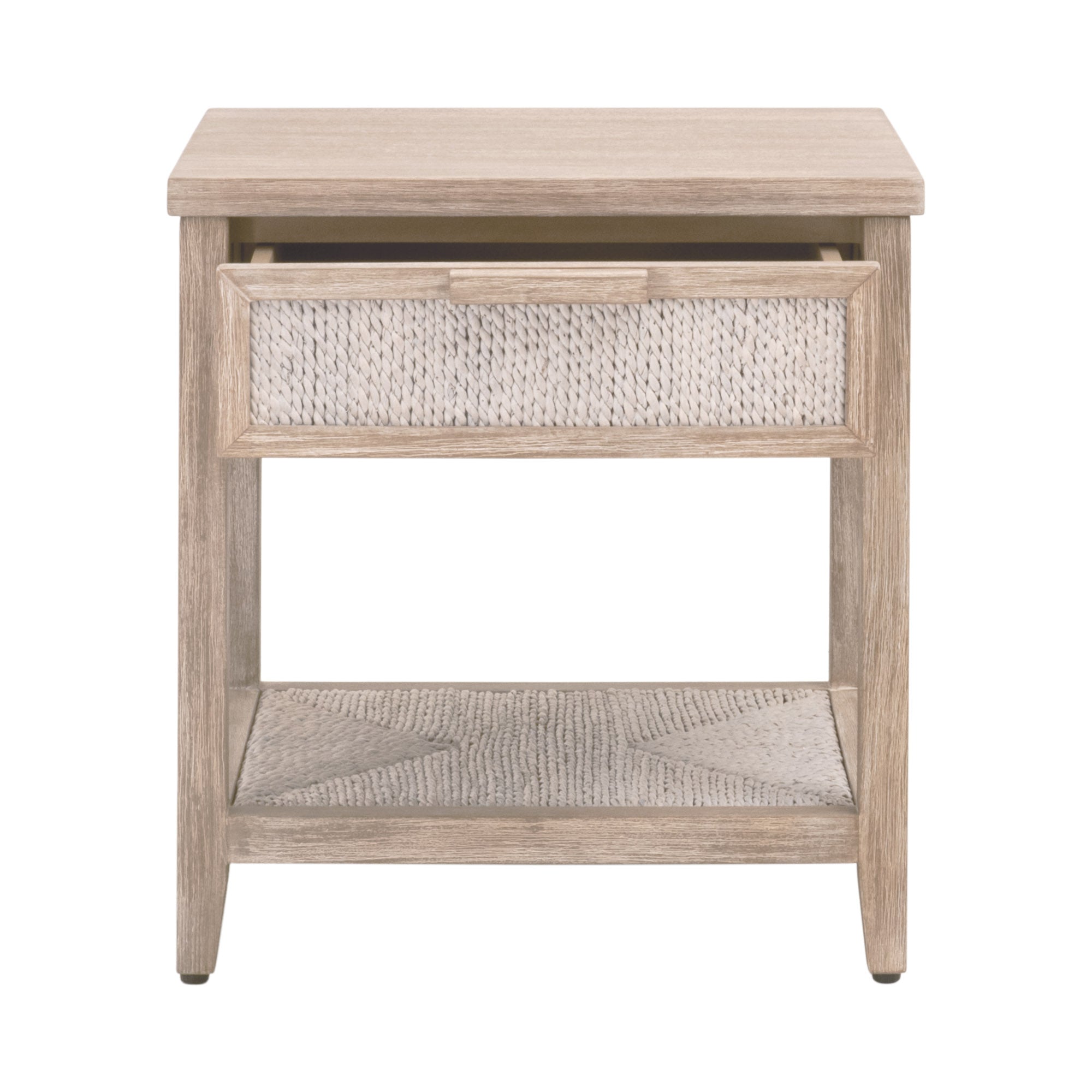 Malay 1-Drawer Nightstand with white-washed abaca rope and gray mahogany frame by Essentials for Living