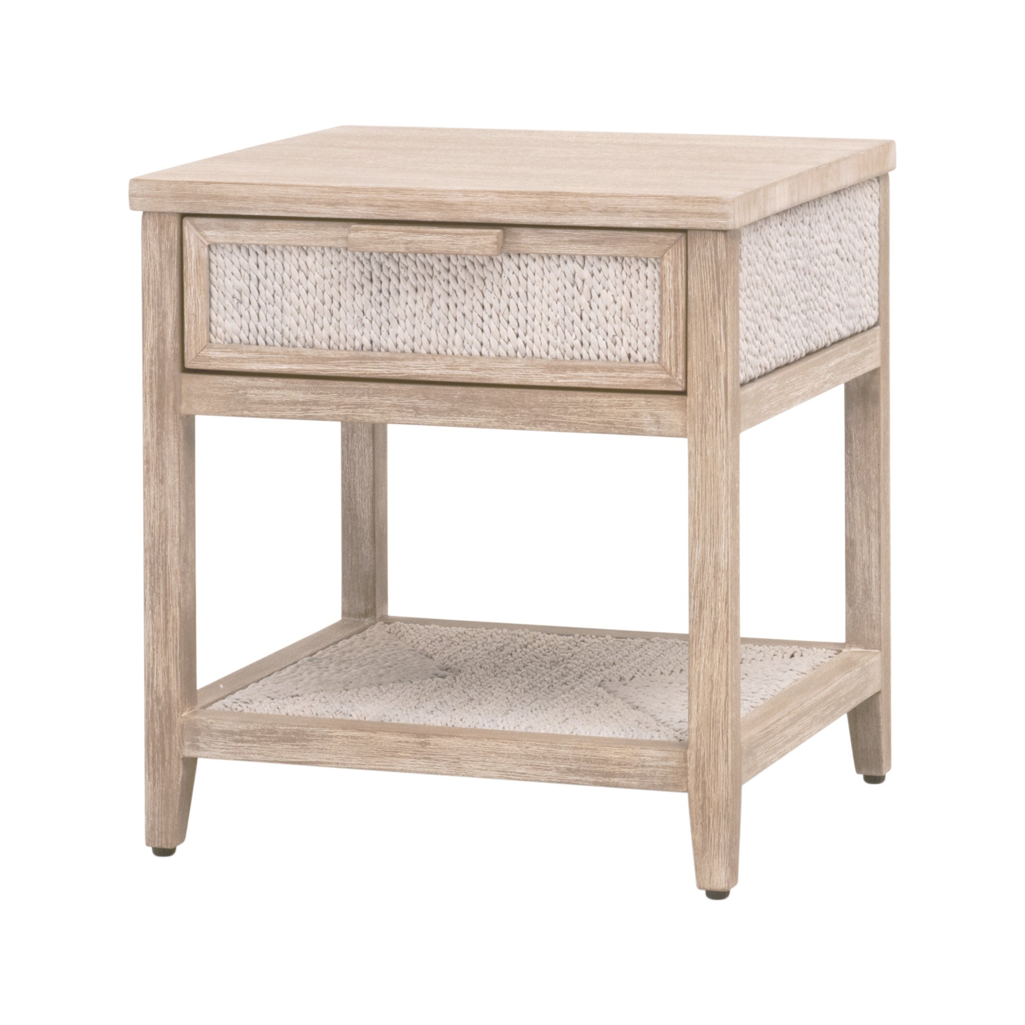 Malay 1-Drawer Nightstand with white-washed abaca rope and gray mahogany, coastal style by Essentials For Living