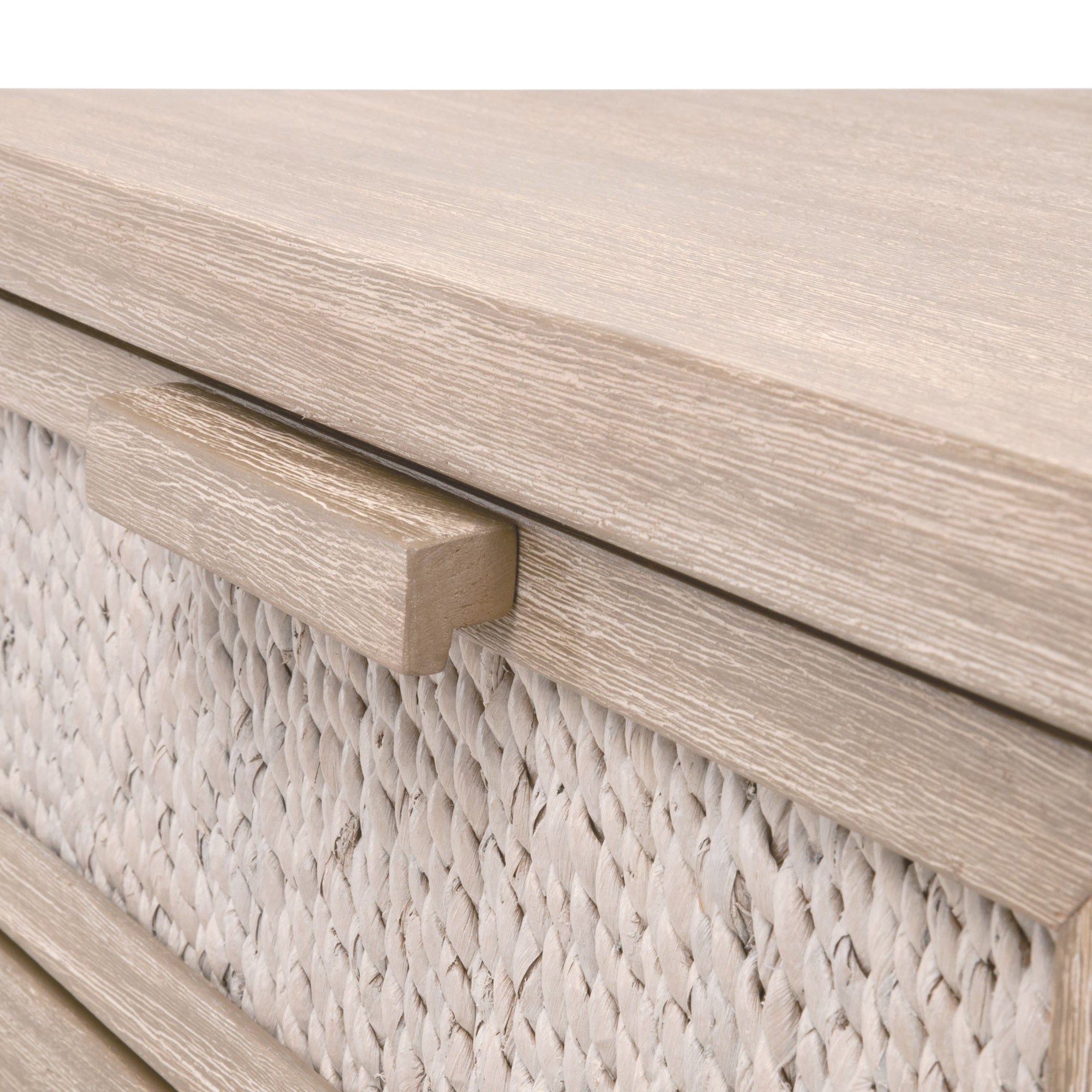 Close-up of Malay 1-Drawer Nightstand drawer with white-washed abaca rope by Essentials for Living