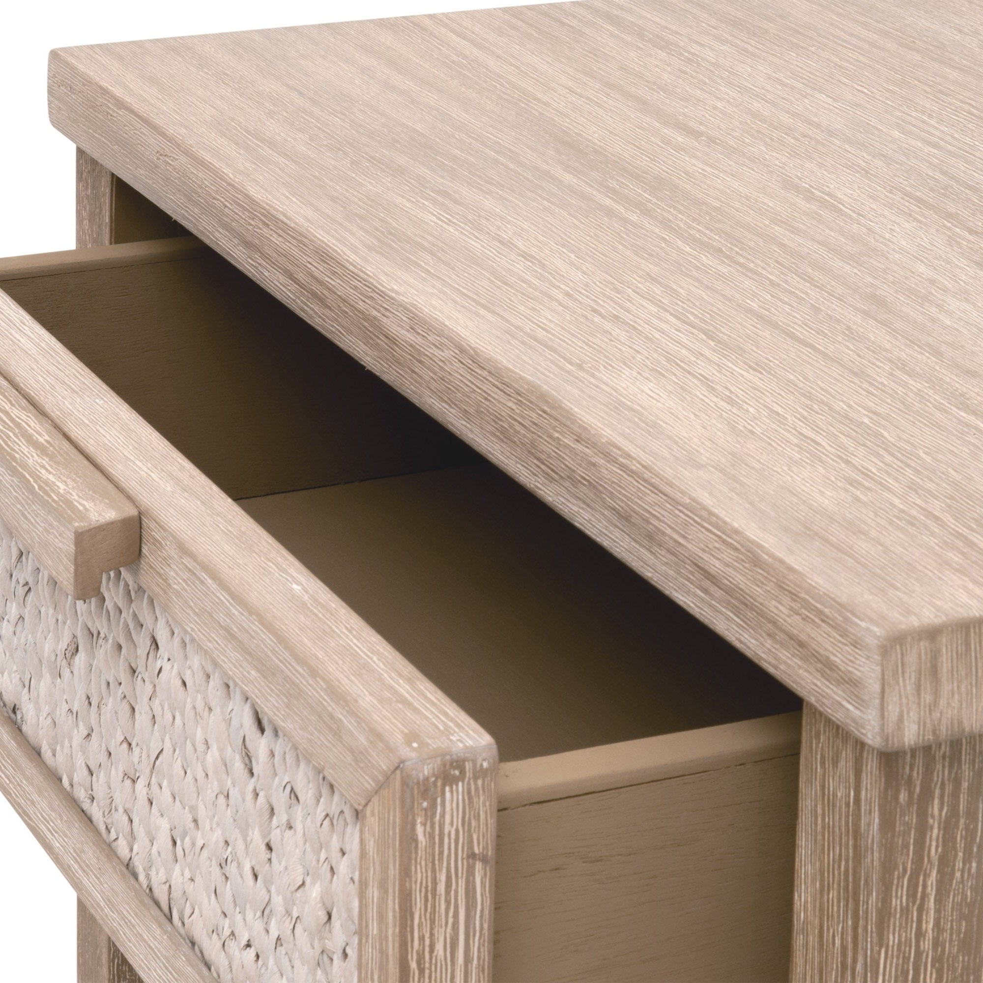 Close-up of the open drawer on the Malay 1-Drawer Nightstand with white-washed abaca rope by Essentials for Living.