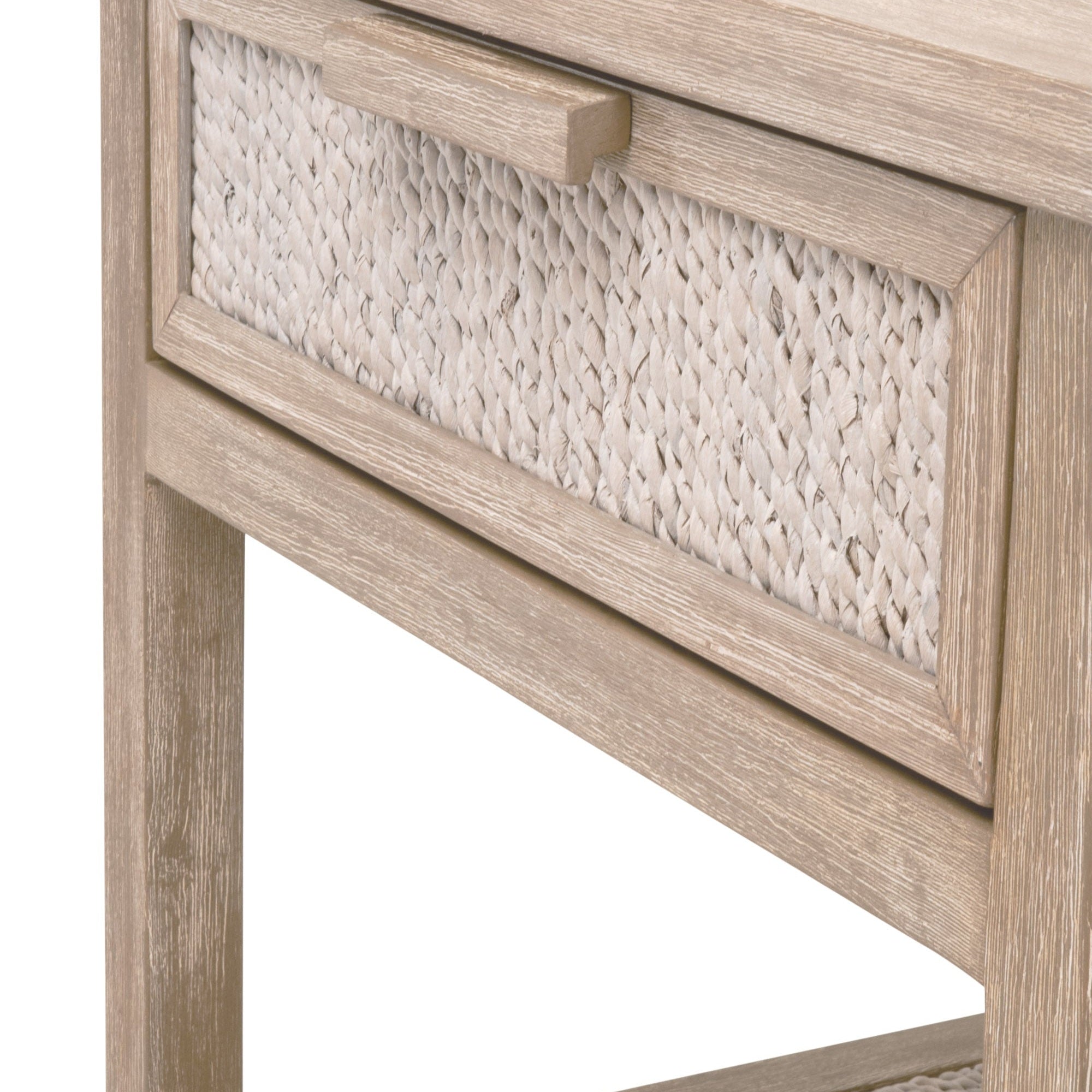 Close-up of Malay 1-Drawer Nightstand drawer front with white-washed abaca rope by Essentials for Living.