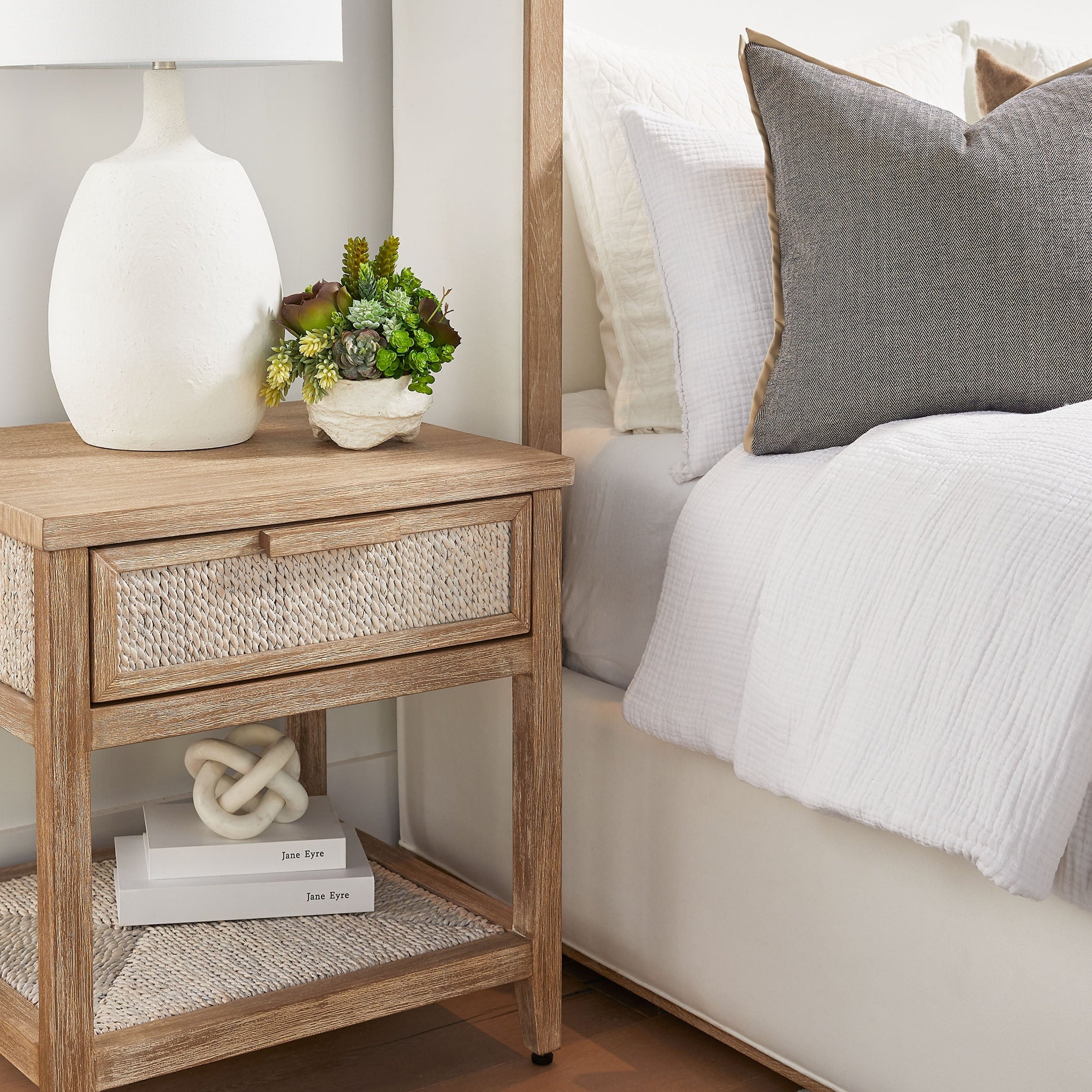 Malay 1-Drawer Nightstand in natural gray mahogany with white-washed abaca rope by Essentials for Living
