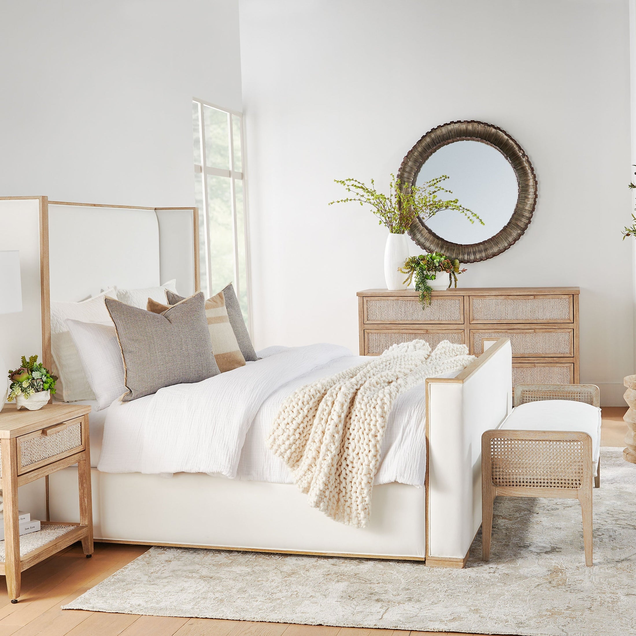Malay 1-Drawer Nightstand with white-washed abaca rope and gray mahogany finish in bedroom setting by Essentials for Living