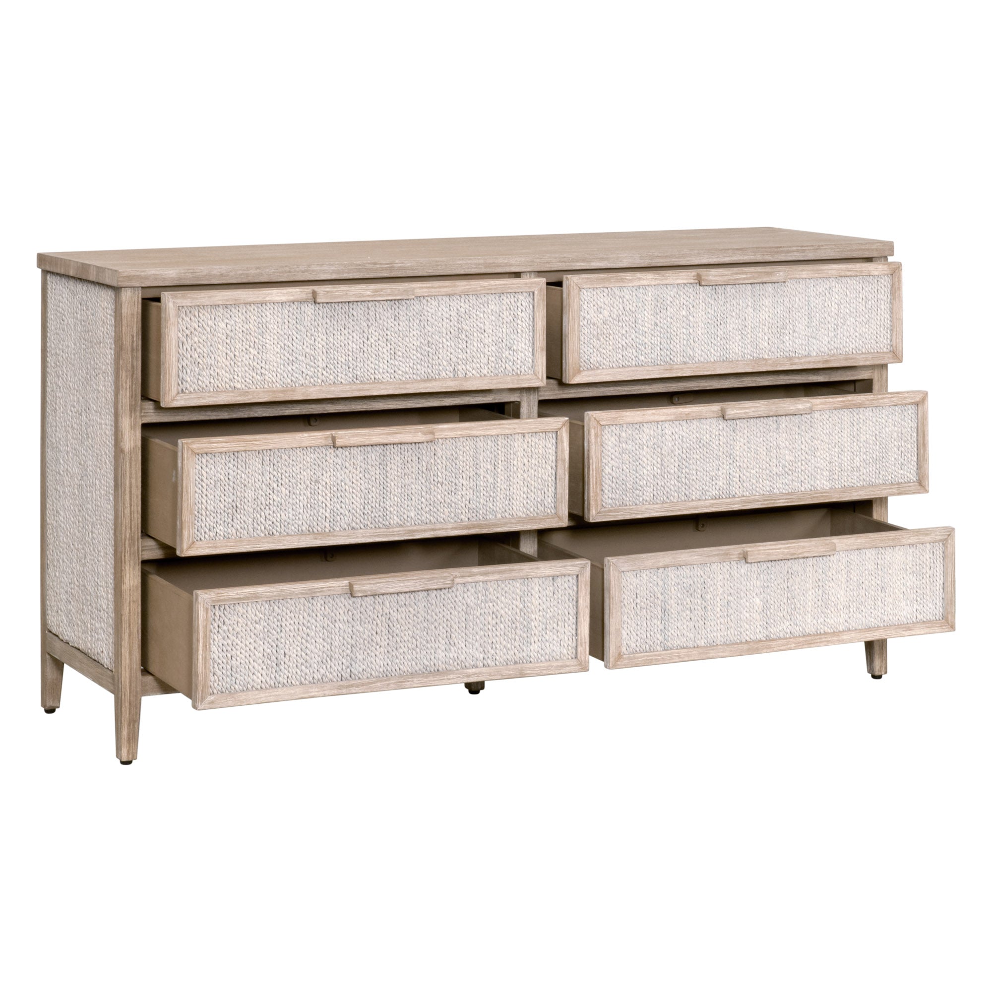 Malay 6-Drawer Double Dresser with white-washed abaca rope and gray mahogany finish by Essentials for Living