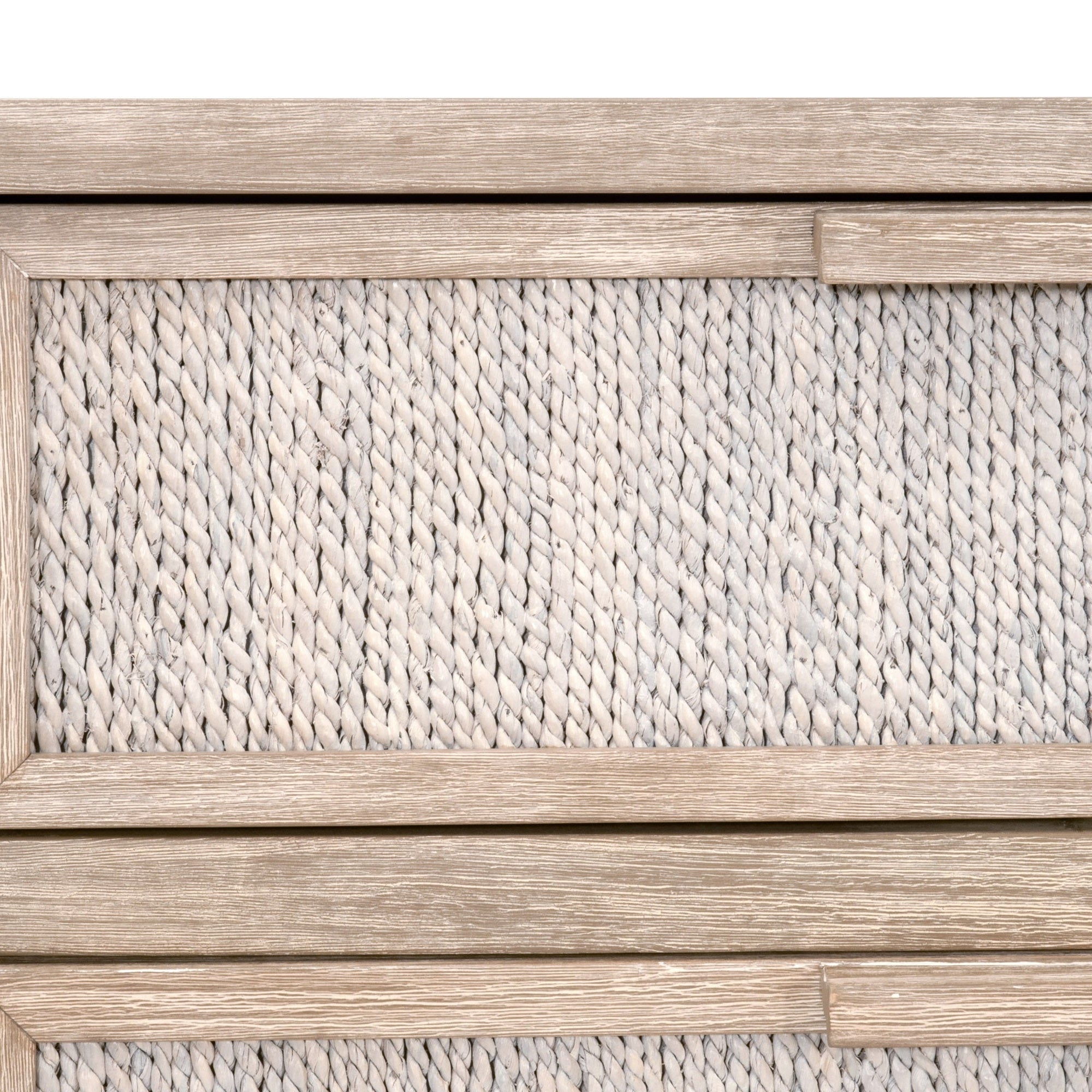 Close-up of white-washed abaca rope detail and natural gray mahogany frame on Malay 6-Drawer Double Dresser by Essentials for Living