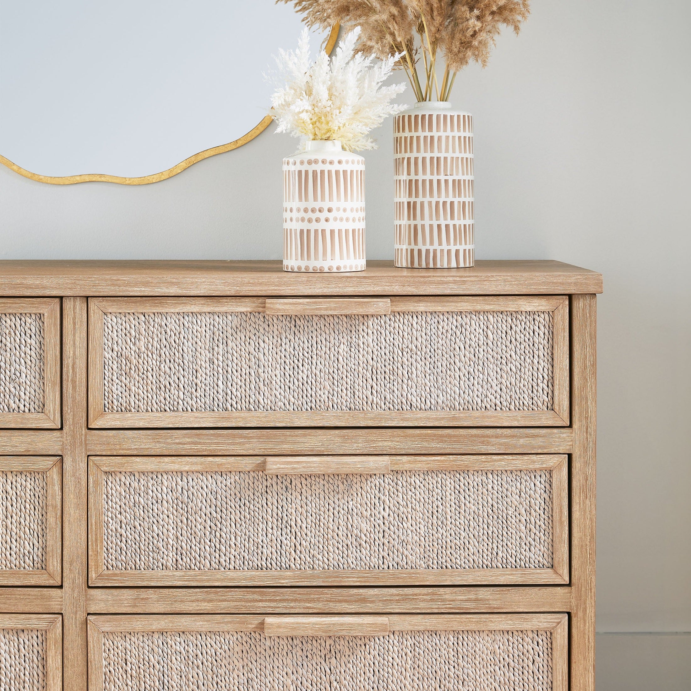 Malay 6-Drawer Double Dresser with white-washed abaca rope and gray mahogany finish by Essentials For Living.