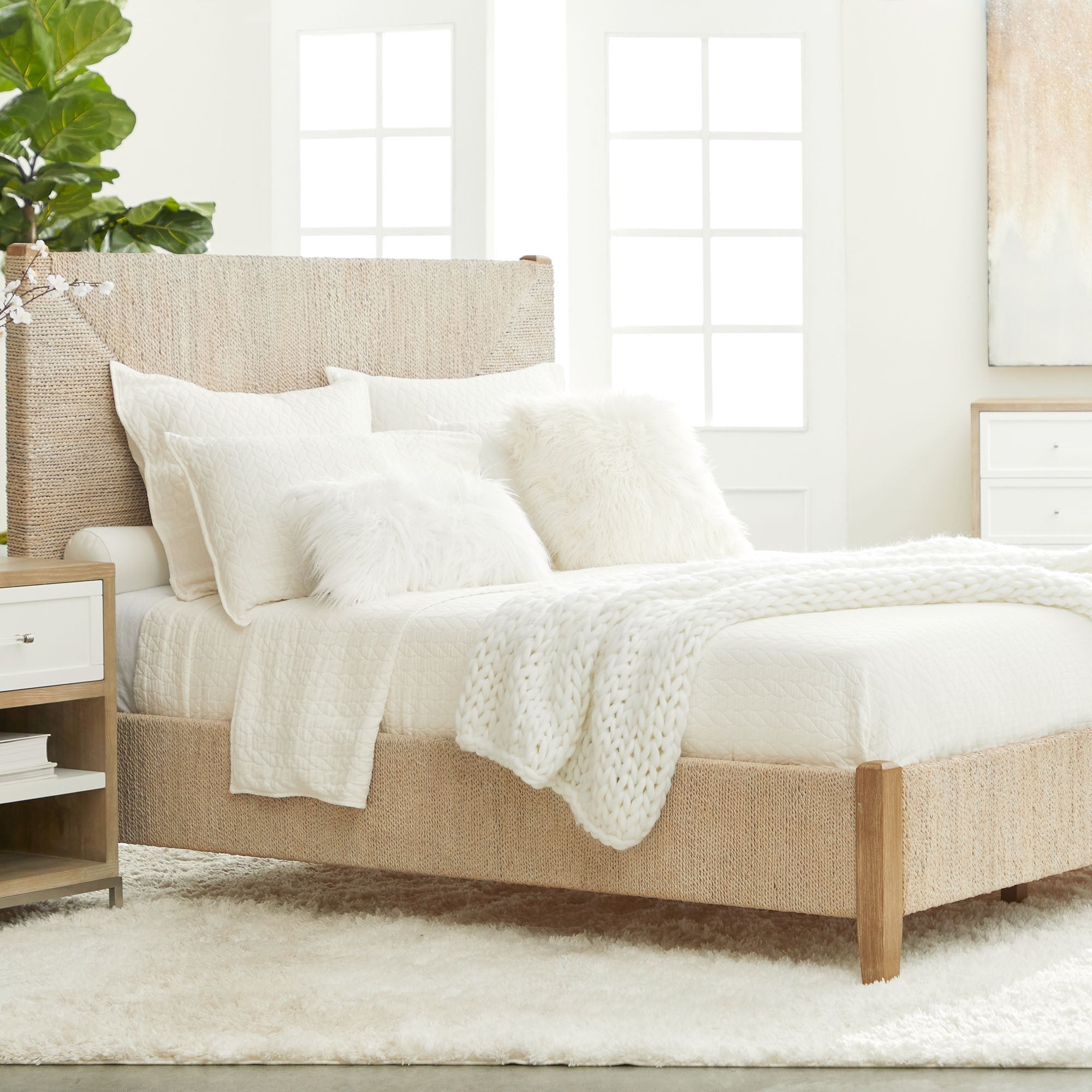 Malay Queen Bed with white-washed abaca rope and gray mahogany frame in a coastal bedroom by Essentials for Living