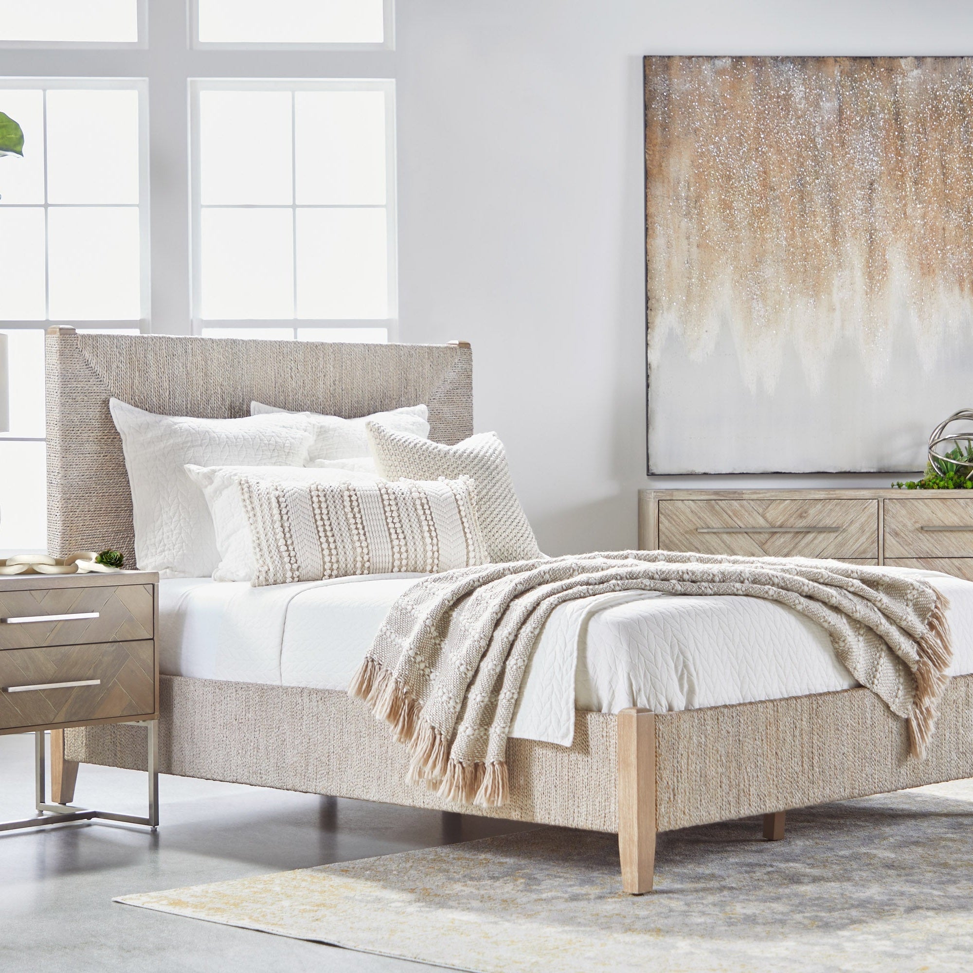 Malay Cal King Bed with textured white-washed abaca and gray mahogany frame by Essentials For Living